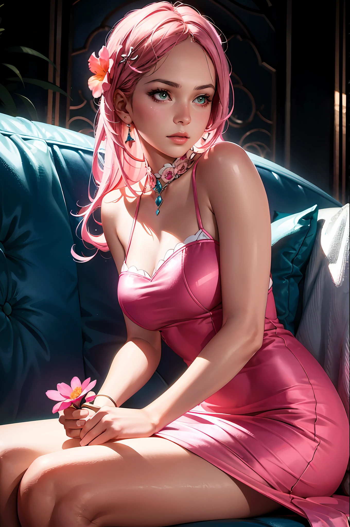 araffed woman in a pink dress sitting on a couch, pink vibe, pink girl, 8k high quality detailed art, in the art style of bowater, 🌺 cgsociety, some pink, realistic artstyle, dressed in a pink dress, loish and wlop, deviantart artstation cgscosiety, pink clothes, pink body, photorealistic artstyle