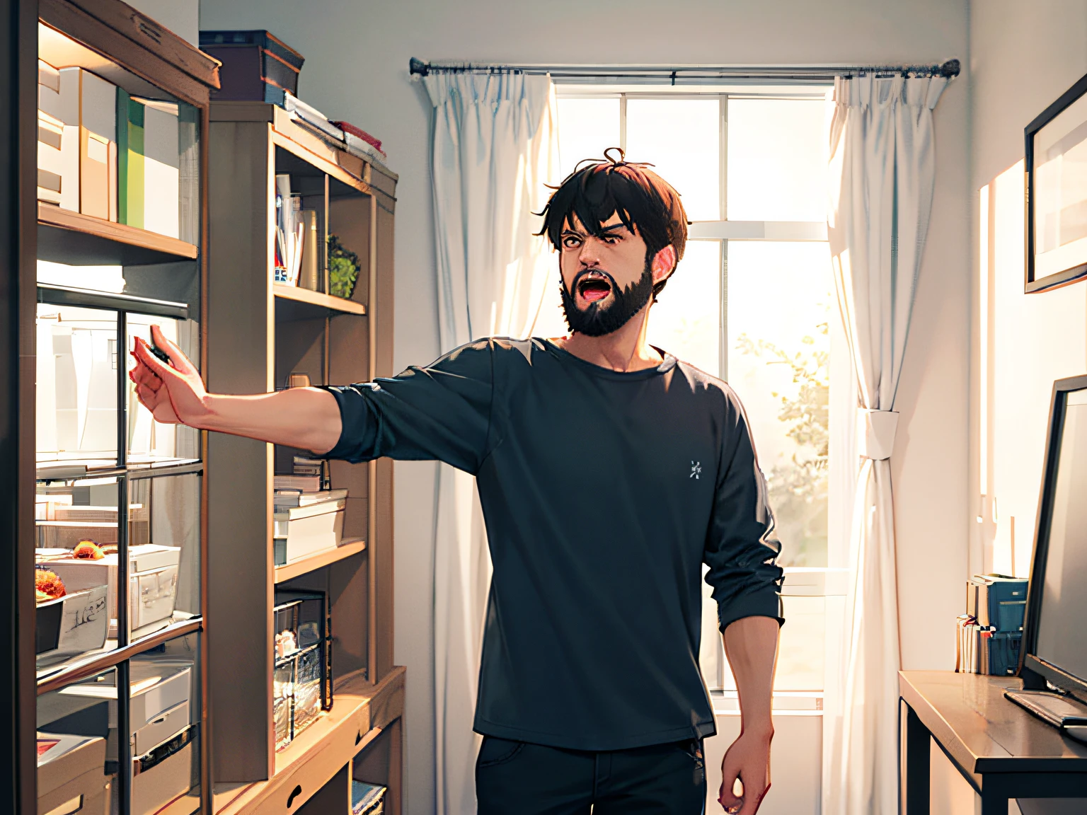 A short black haircut、Bearded male,Dressed shabby,Shouting angrily at home