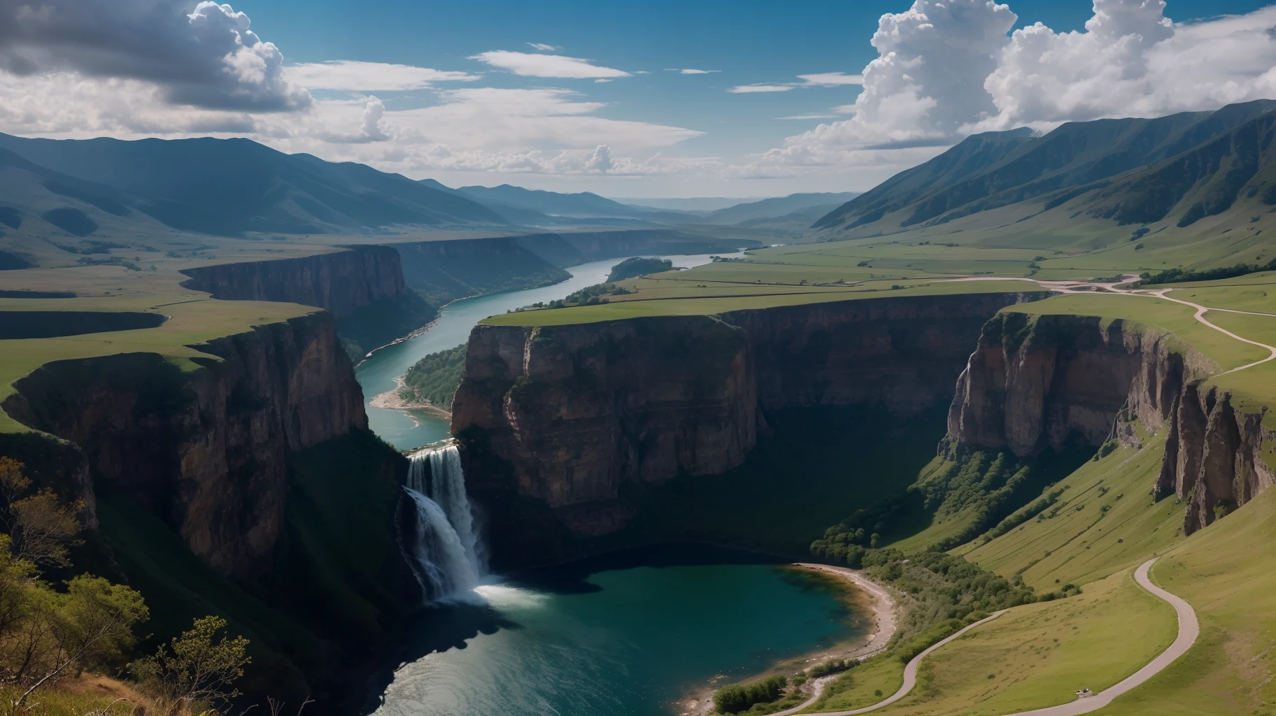 Masterpiece, ultimate quality, Cg unity 8k wallpaper, super delicate, beautiful sky and clouds, rich natural scenery, cliffs, lakes and rivers, waterfalls and flying water, beautiful green mountains, no trace of people, excellent scenery, has already won a photo contest, background Blurring, full depth of field, HDR high dynamics, true restoration, intricate, extreme details, dramatic presentation, perfectly presenting the style of midjourney art.