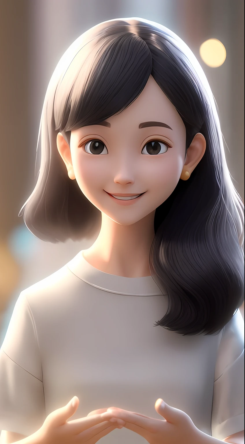 Mom opens her hands to indicate an invitation gesture,Mom has black hair,White dress,Smart eyes,smiling expression,soft light rays,Full body screen,3 d model,Blind box model,background with white, (masterpaintings:1.2) (realisticlying:1.2) (Bokeh) (Best Quority) (detailedskin:1.3) (complexdetails) (8K) (detailedeyes) (Sharp focus),(having fun)