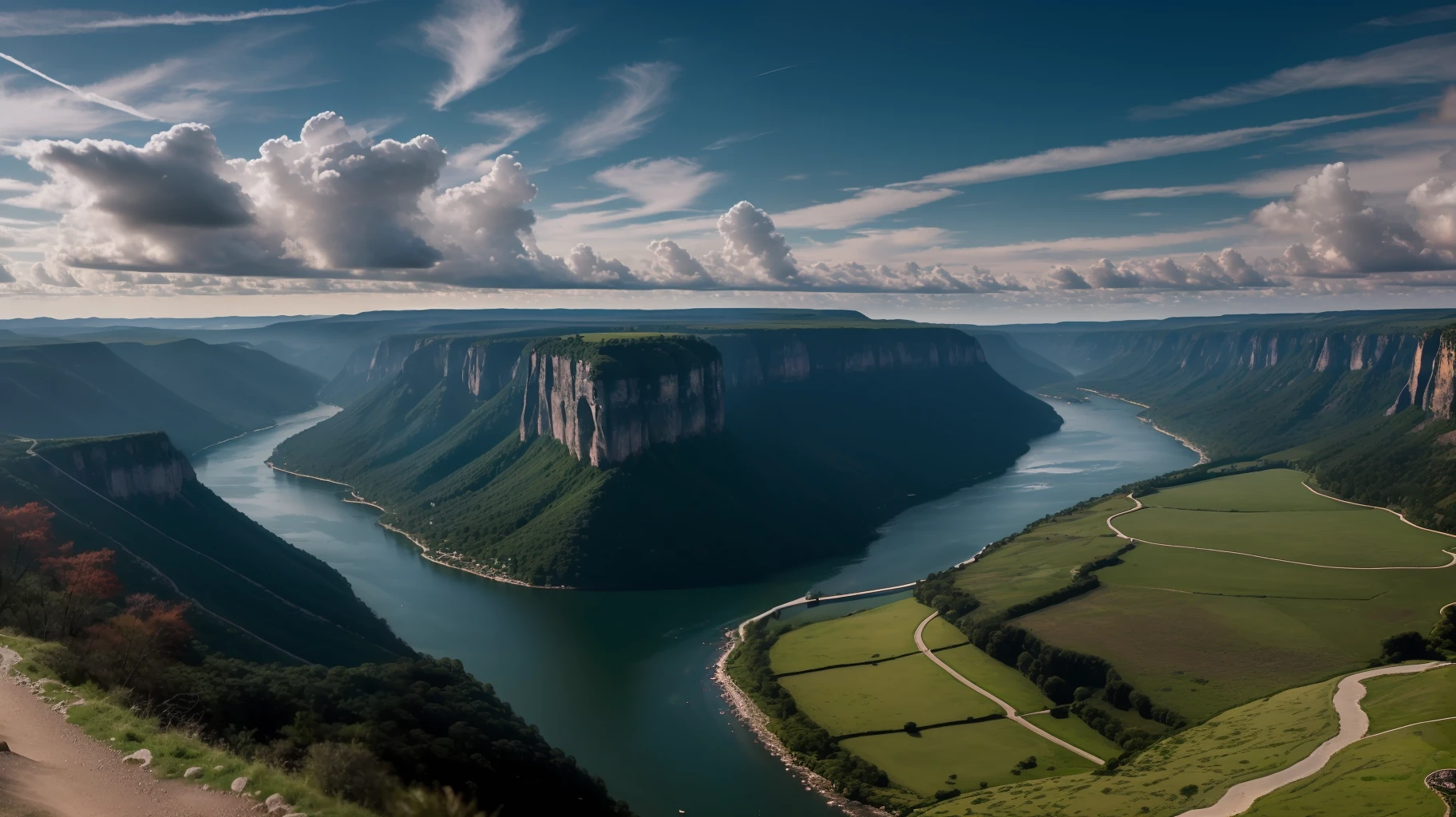Masterpiece, ultimate quality, Cg unity 8k wallpaper, super delicate, beautiful sky and clouds, rich natural scenery, cliffs, lakes and rivers, waterfalls and flying water, beautiful green mountains, no trace of people, excellent scenery, has already won a photo contest, background Blurring, full depth of field, HDR high dynamics, true restoration, intricate, extreme details, dramatic presentation, perfectly presenting the style of midjourney art.