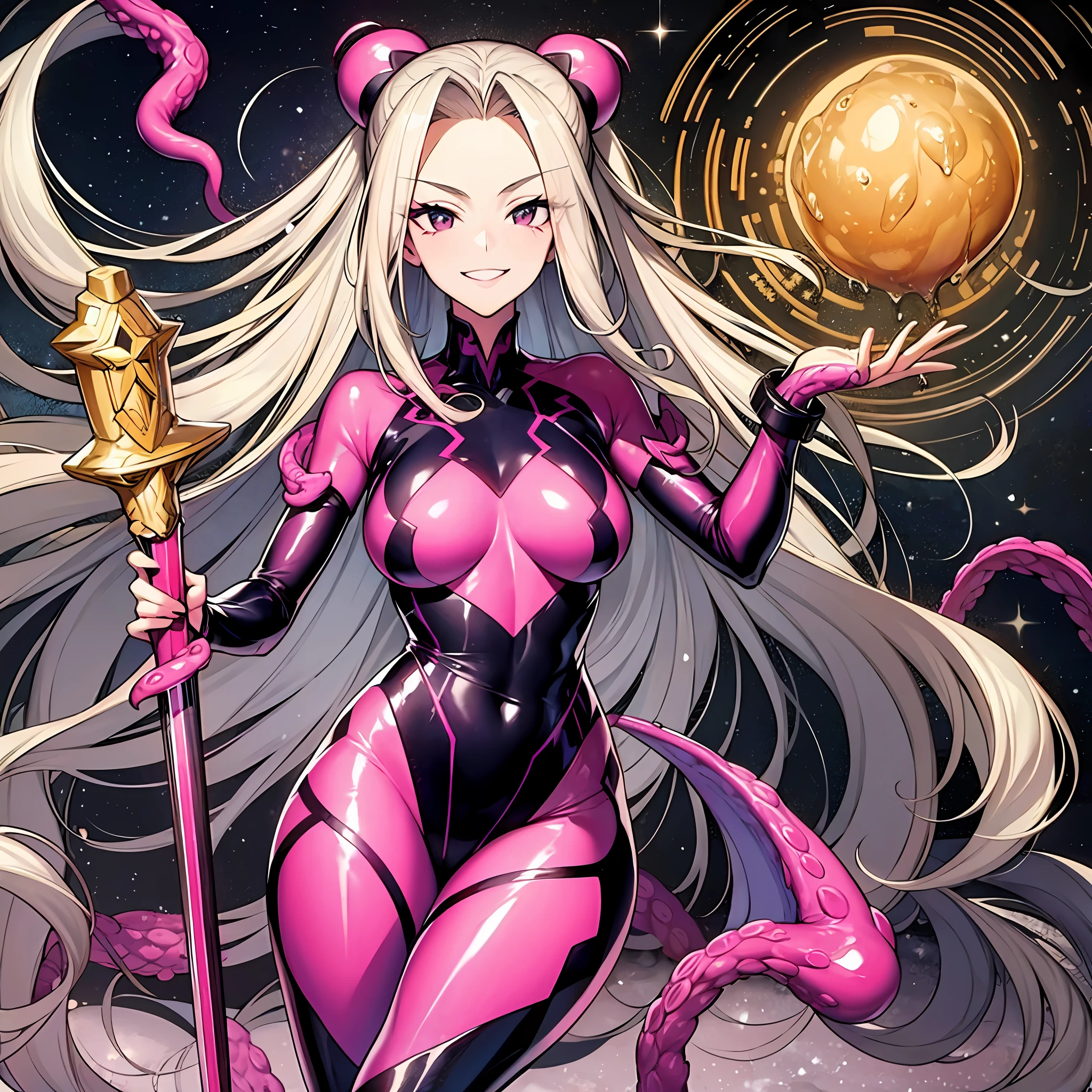 Woman wearing hot water dripping tentacles、wicked smile、Lustrous tentacles、I have a magic sword、Cel Shade Adult Animation、Metroid Suit、long hair