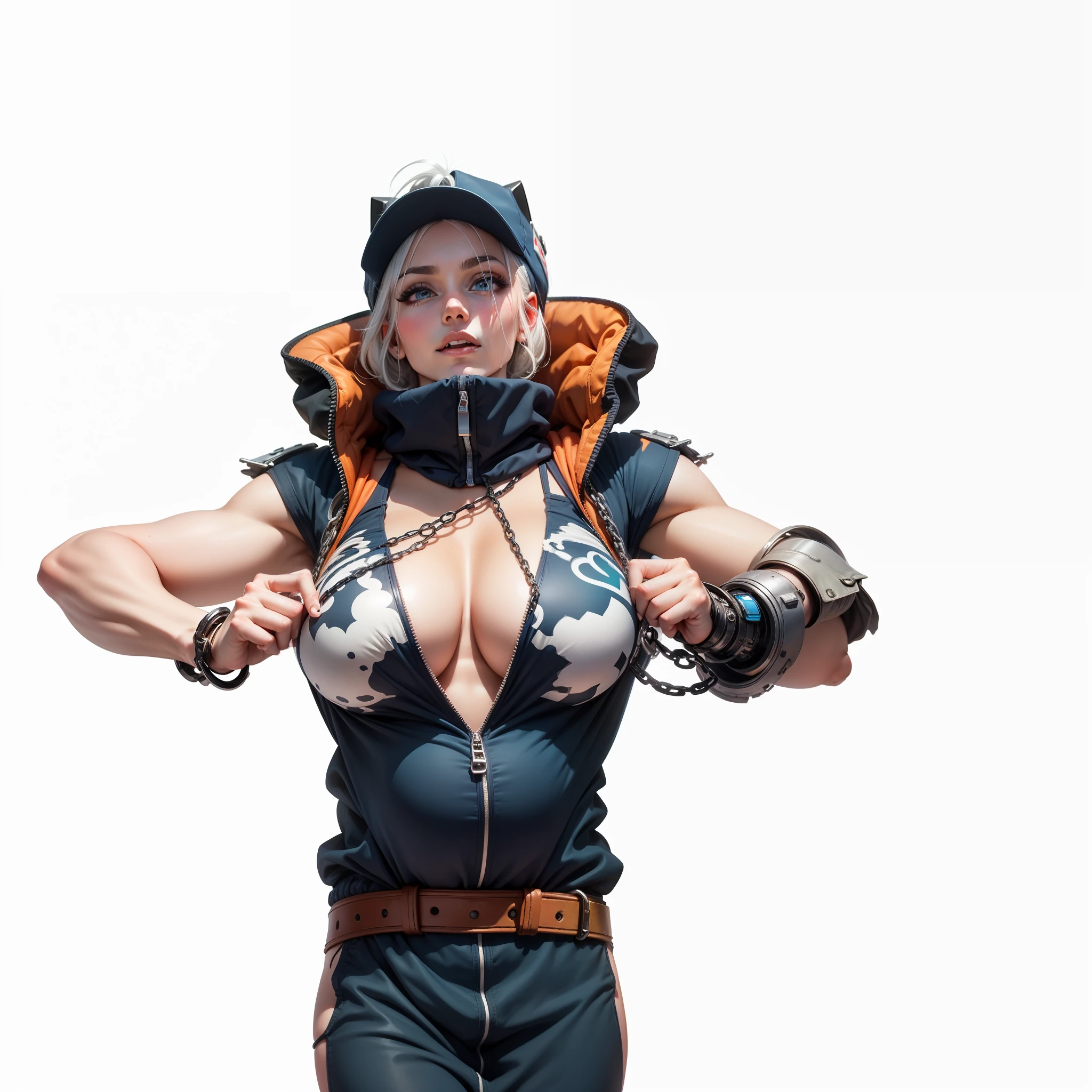 1 woman, realistic, white hair, blue eyes, with chain in boddy, detailed skin, detailed face, fife finger, big breasts, hold breast, bikini transparn and ripped panties and exposed, pregnant, no pants, detailed hand, highligt image, perfect, robotic, muscle,