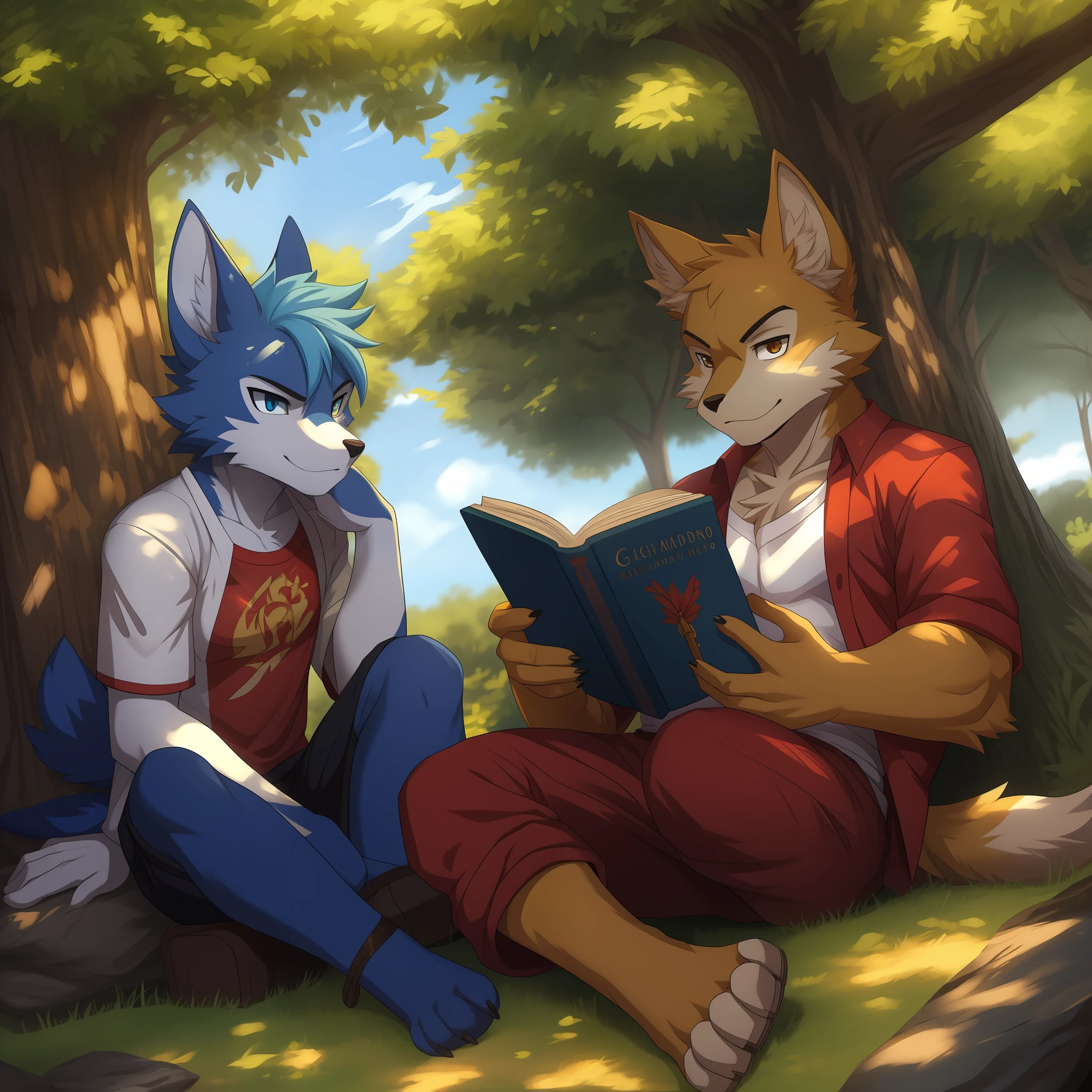 Urso dourado, anthro, vestindo uma camiseta vermelha e uma bermuda azul, sitting under a tree, lendo um livro, estilo anime, High resolution 4K