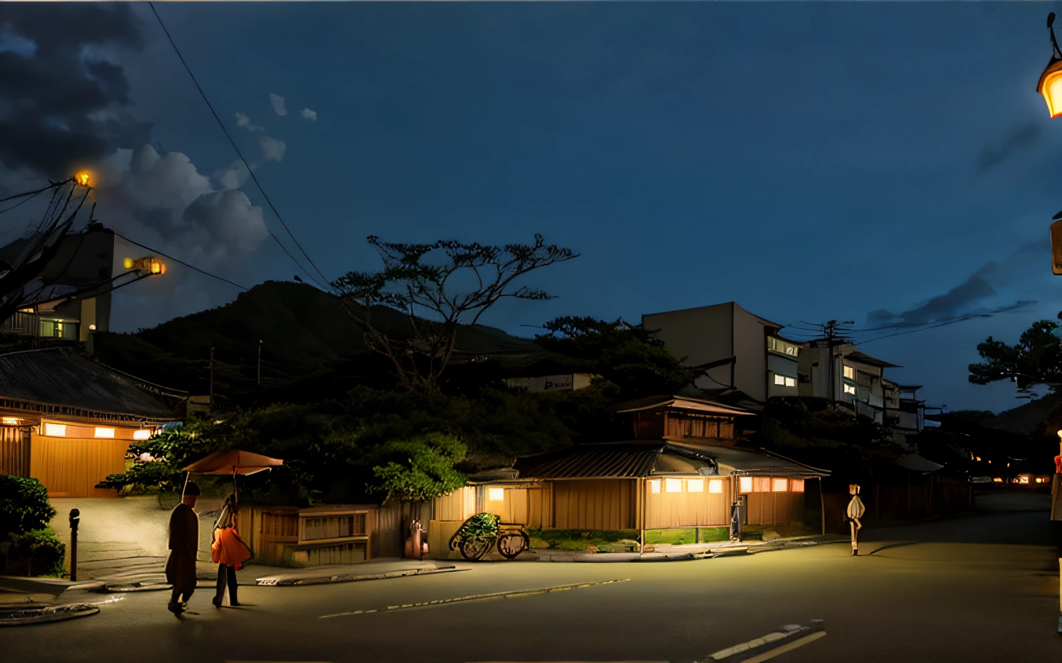 Old concrete building in Okinawa、Showa、postwar、In the street、by night、50ｓA lot of men and women are walking