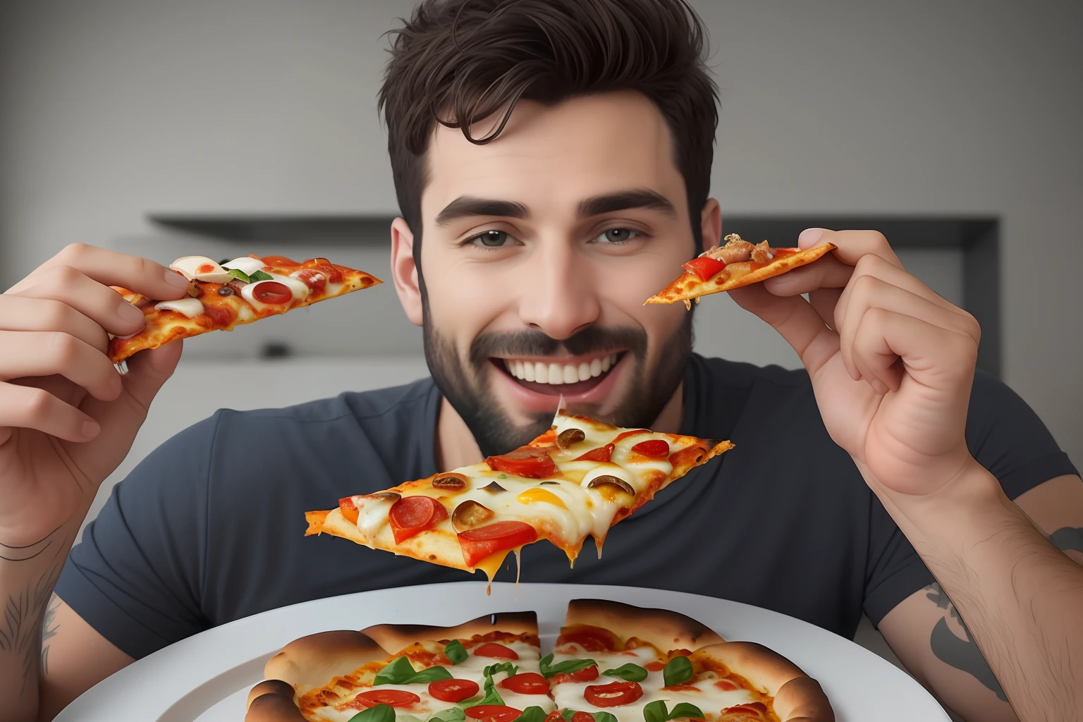 homem arafed comendo uma fatia de pizza com um garfo e faca, comer uma pizza, comer pizza, mastigando pizza, segurando uma pizza, segurando pizza, comer uma pizza margherita, compartilhando uma pizza, apresentando pizza, pizza italiana, pizza, retrato de alta qualidade, homem atraente, apresentando uma pizza grande, pizza!, Alimentos comerciais 4K, pizza advert --auto