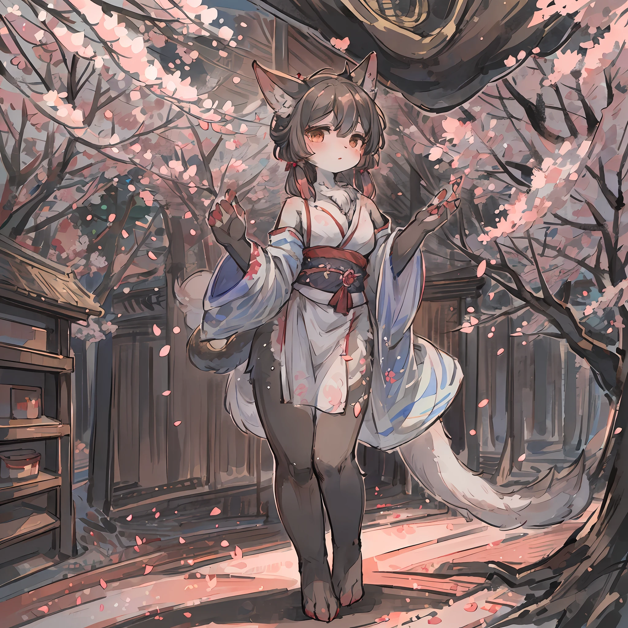 masterpiece, shuimobysim, badashanren, Shukezouma, kimono, The cherry tree, cherry blossoms dancing in the wind(super cute 1girl, solo, kemono, furry anthro)(animal ear, animal tail),
