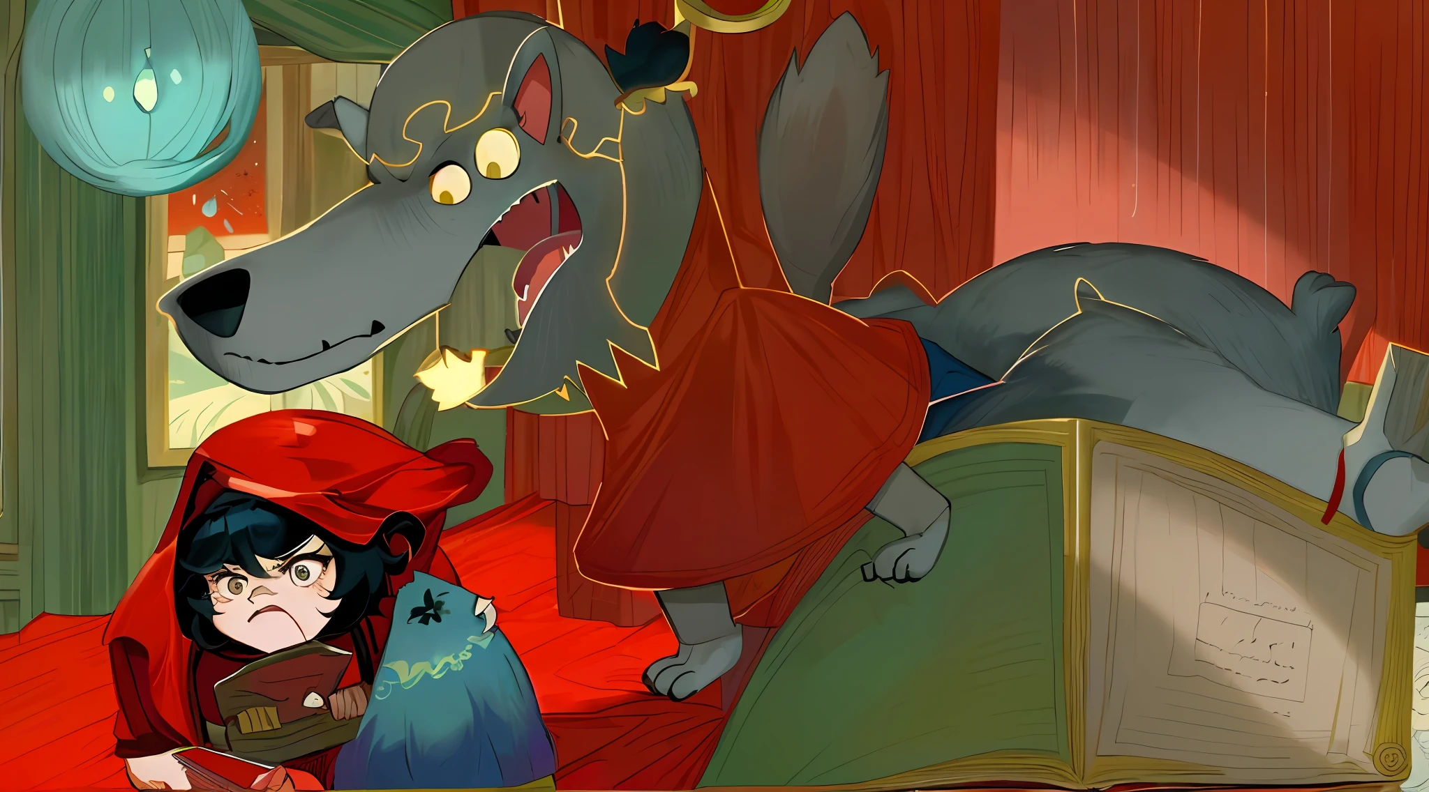 cartoon of a dog and a girl in a room with a red curtain, Big bad wolf, thief red riding hood, animated movie still, animated still, animated still, animated movie still, angry high moral sexy werewolf, werewolf”, children's book illustrations, storybook illustrations, animated movie still, animated episode still, littleredridinghood, children's book illustrations