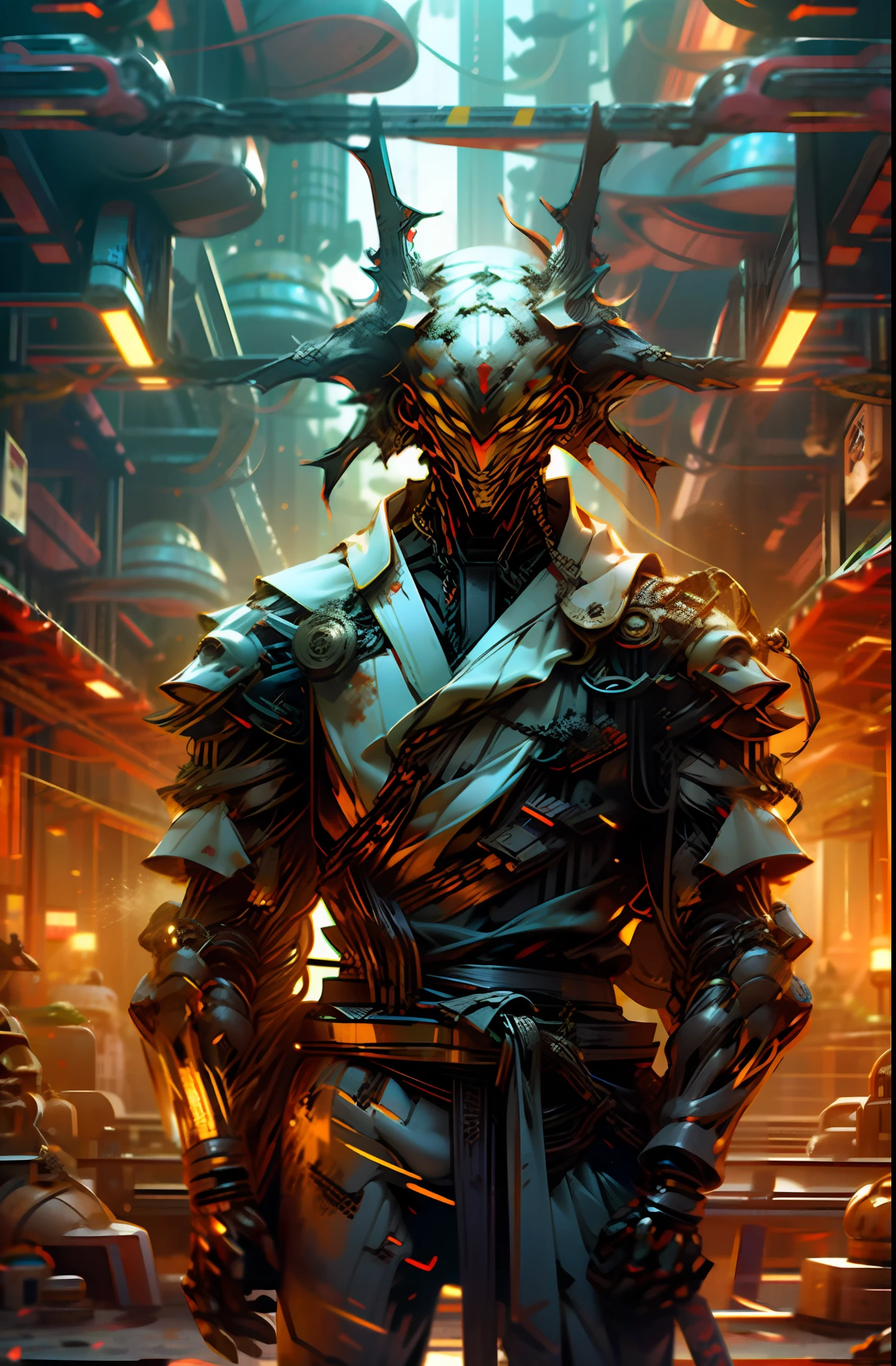 Dark_Fantasy,Cyberpunk,(chain saw,chain saw man,Red:1.1),1man,Ninja,Mechanical marvel,Robotic ninja presence,Cybernetic ninja guardian, wearing a worn-out mech suit, intricate, (steel metal [rusty]), elegant, clear focus, shot by greg rutkowski, soft lighting, vibrant colors, masterpiece, ((street)), cowboy shot, dynamic pose,