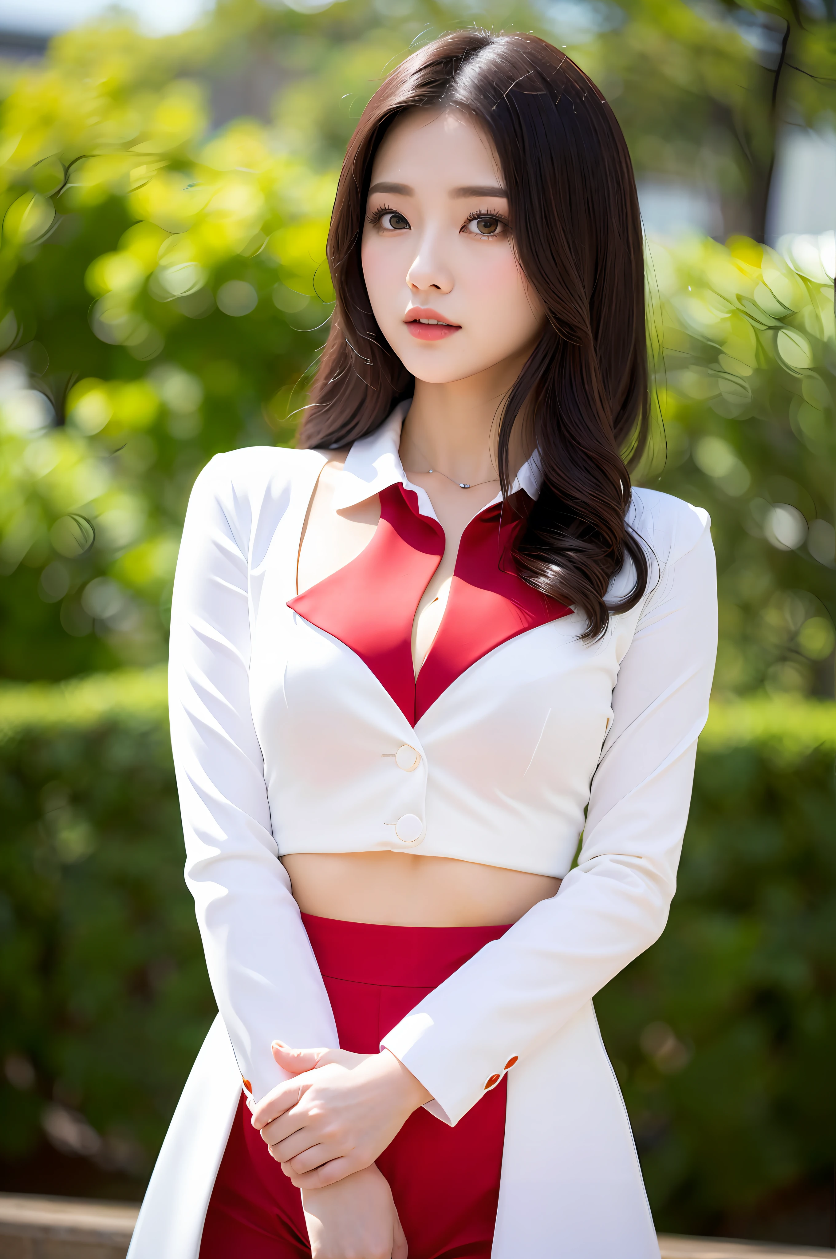 （Best Quority，masterpaintings：1.2），perverted woman，sportrait，，Liuhai，Red tuxedo，Black leggings，exteriors