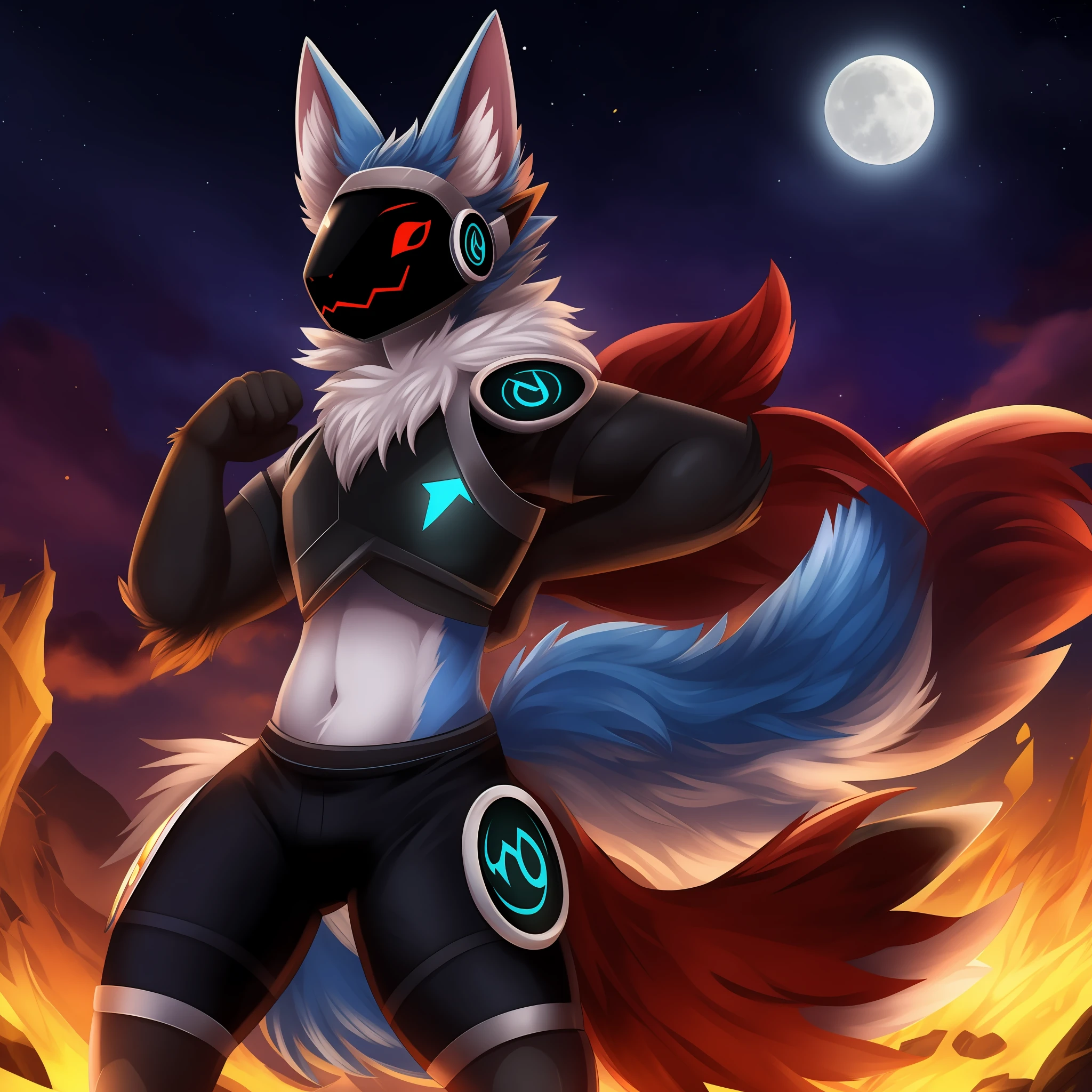 Protogen, pelaje negro y ojos rojos, pelaje suave, cuerpo detallado, pose de lucha, sosteniendo una gran espada,cielo oscuro, estrellas, luna llena