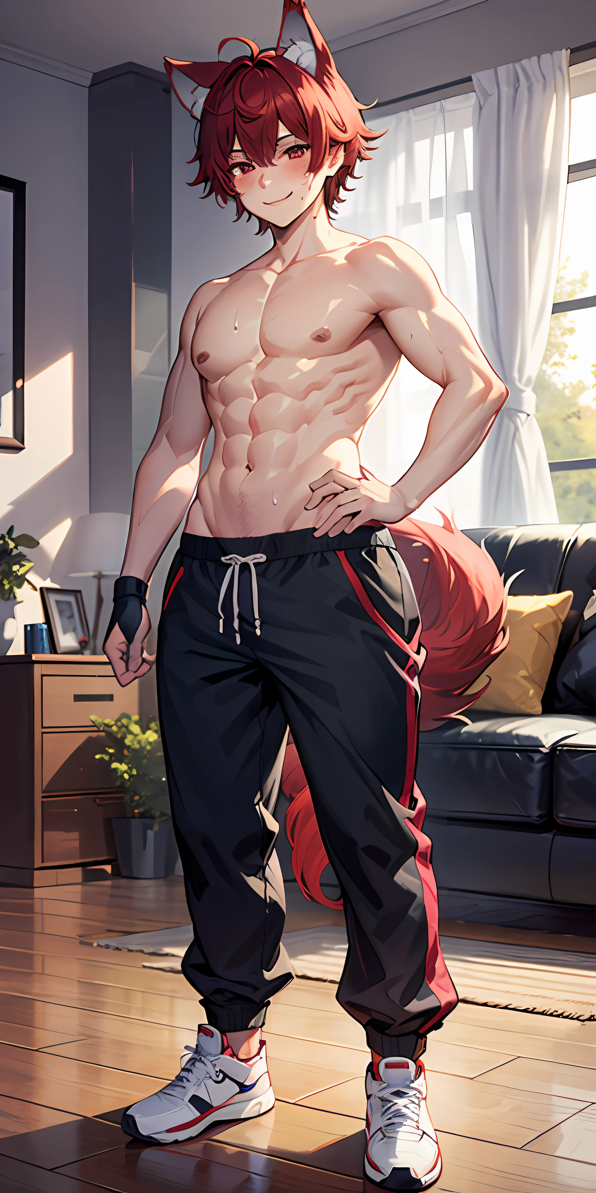 1boy, wolf ears, wolf tail, short fluffy red hair, red eyes, slim waist, ultra masterpiece, shirtless, sweatpants, living room setting, smile, big thighs, seductive, blush, wide hips