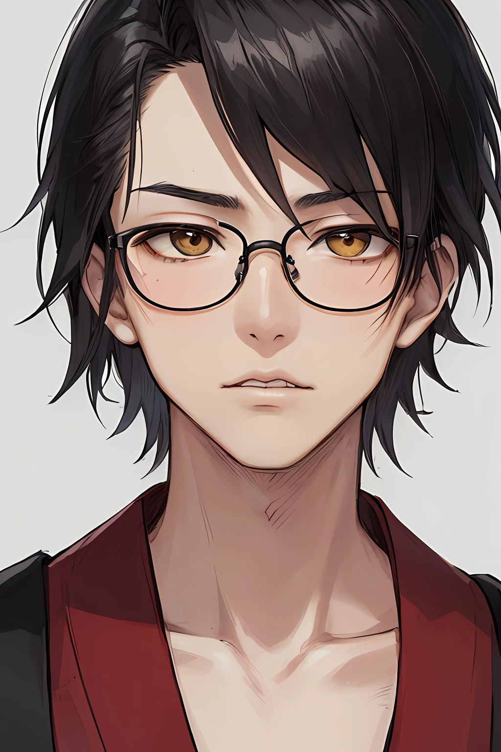 portrait of, 最好质量, black  hair, Japanese and American mestizo, 19 years, beutiful, hazel eyes, 19 years, wears glasses, scar on his left cheek, brooding
