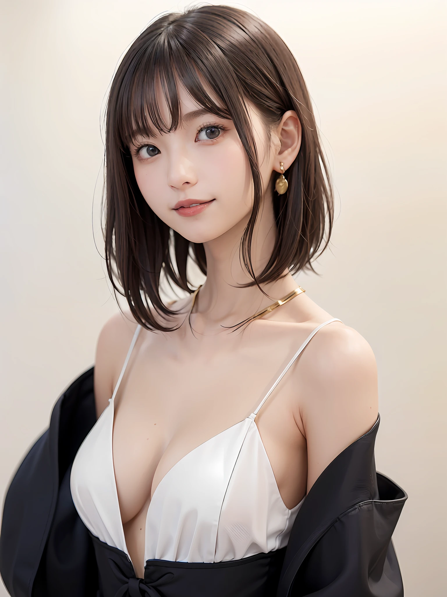 ((巨作、22yearsold、1 beautiful girl、Detailed eye、Shorthair with bangs、shorth hair、neck long、Put your ears out))、big eye、Distinct double eyelids、((最好质量, ultra-high-resolution、gazing at the camera、Light brown eyes、Clean collarbone、glowy skin、Straighten your back、The face of the golden ratio、a small face)), (Realisticity: 1.4), OriginalPhotographs, 1girl in,Cinema tick writing、japanes、Asian Beauty、Korea person、Super beauty、Realistic skin type、(((clean very large breasts、A slender、The body is facing forward、lipgloss、Highlights in the eyes、thin lips、smiling slightly、Closing mouth and smiling happily)))、(ultra realisitic)、(A high resolution)、(8K picture quality)、(Very Details)、(Best Illustration)、(beautifully detailed eyes)、(ultra hyper-detailed)、detailed faces、lookig at viewer、Facing Straight Ahead、neat and clean clothes、sleevless、short-hair、black har、46-point diagonal bangs、Background is really nothing but pure white background、neat atmosphere、