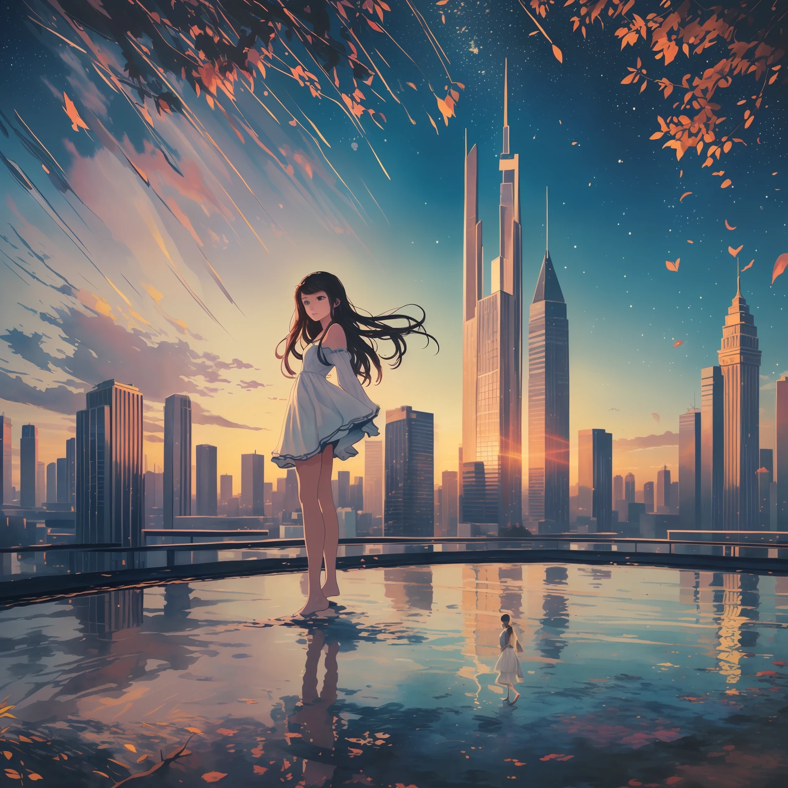 Prompt 1:
Envision a watercolor painting of a beautiful girl, melancholy etched on her face, standing against the vibrant yet distant cityscape. Allow the style to be influenced by the work of Auguste Renoir, radiating a soft, impressionist feel to the piece. The scene is lit by the warm, golden glow of a setting sun, accentuating her sadness with poignant beauty. Utilize a warm pastel color palette to enhance the emotional depth. The girl is composed as a medium shot on the right third of the frame, with the towering cityscape subtly portrayed in the background. --auto