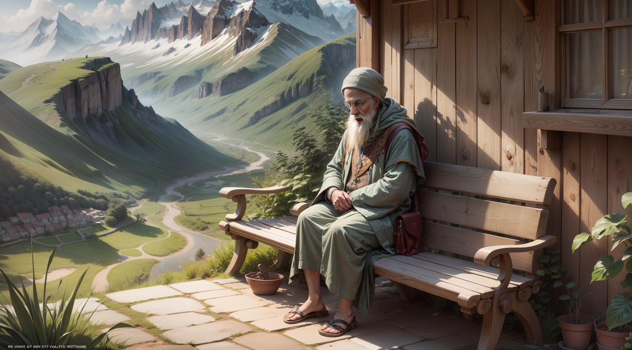 wise master sitting looking at path in valley between mountains