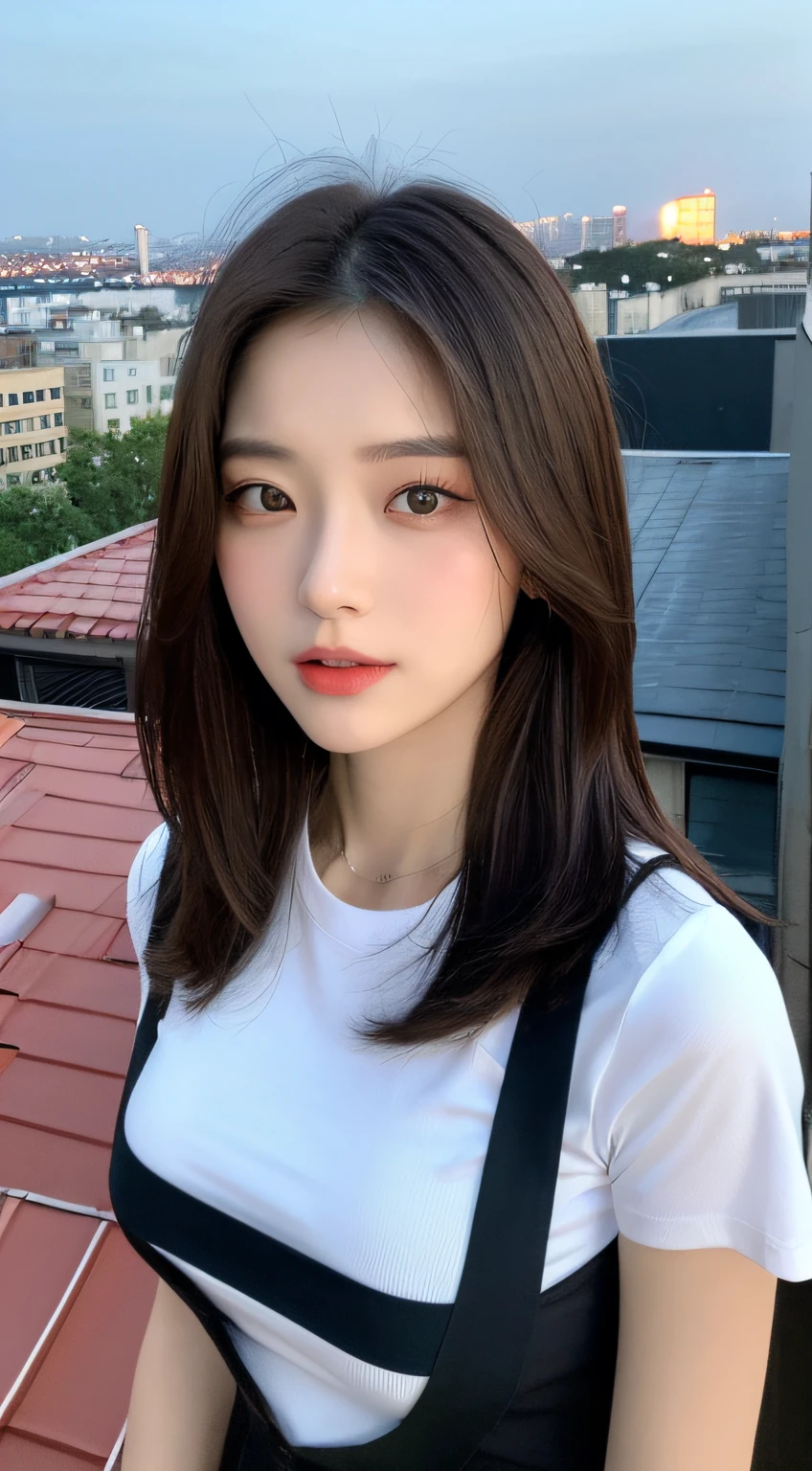 ((Midnight, Best quality, 8k, Masterpiece :1.3)), Whole body, Long legs, Sharp focus :1.2, A pretty woman with perfect figure :1.4, Slender abs :1.1, ((Dark brown hair, Big breasts :1.2)), (White tight tshirt, Jean bib, Standing:1.2), ((Night city view, Rooftop:1.3)), Highly detailed face and skin texture, Detailed eyes, Double eyelid