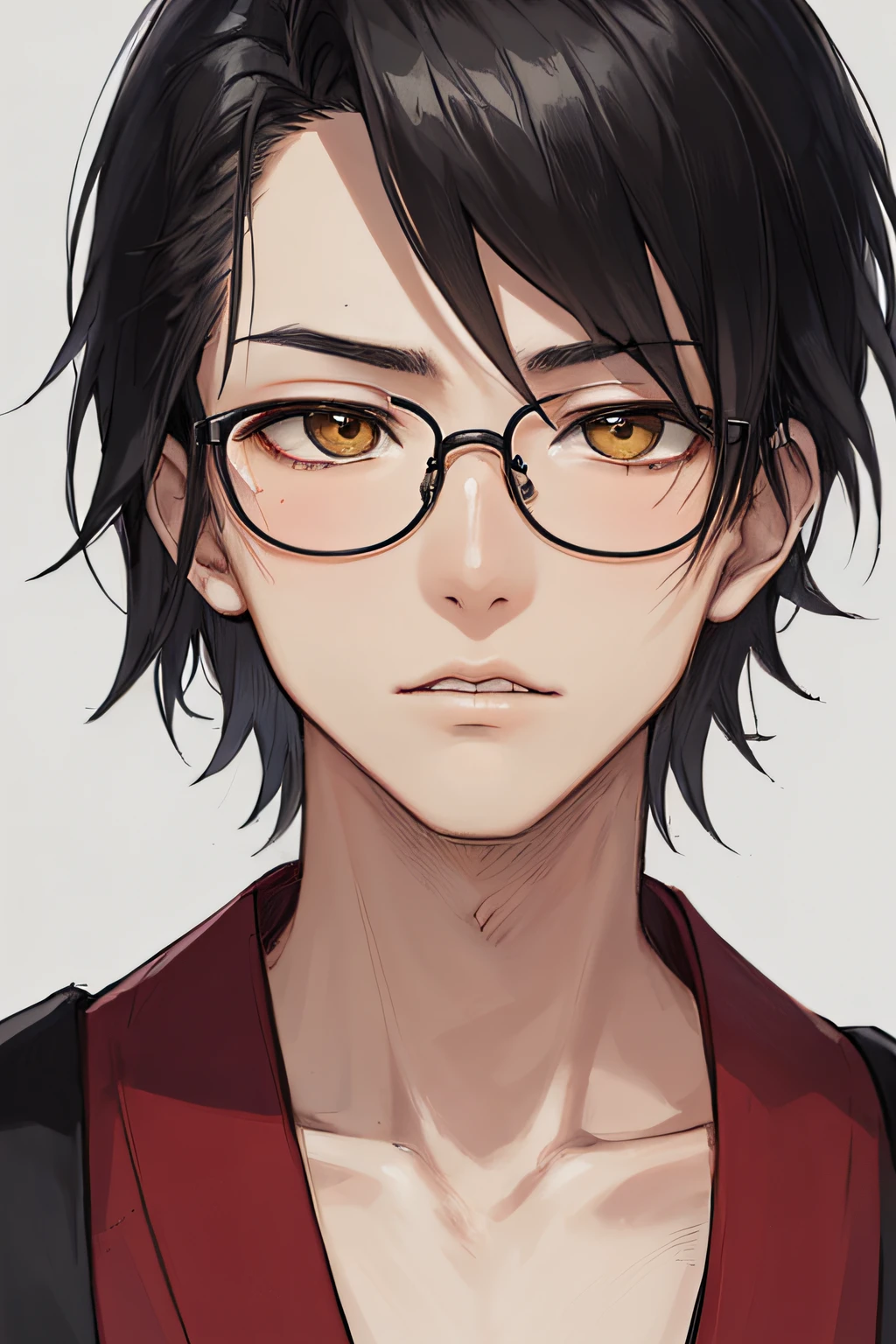 portrait of, 最好质量, black hair, Japanese and American mestizo, 19 years, beutiful, hazel eyes, 19 years, wears glasses, scar on his left cheek, brooding