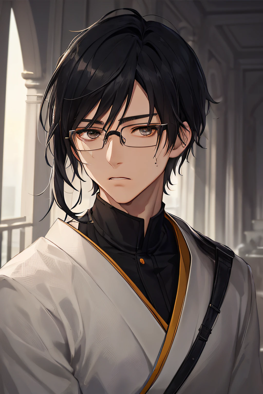 portrait of, 最好质量, black hair, Japanese and American mestizo, 19 years, beutiful, hazel eyes, 19 years, wears glasses, white scar on his left cheek, brooding, 8K, ray traced, university, Lectures in the background, Stylish glasses, looks at the viewer, male focus, luxurious, Depth of field: Cinematic lighting