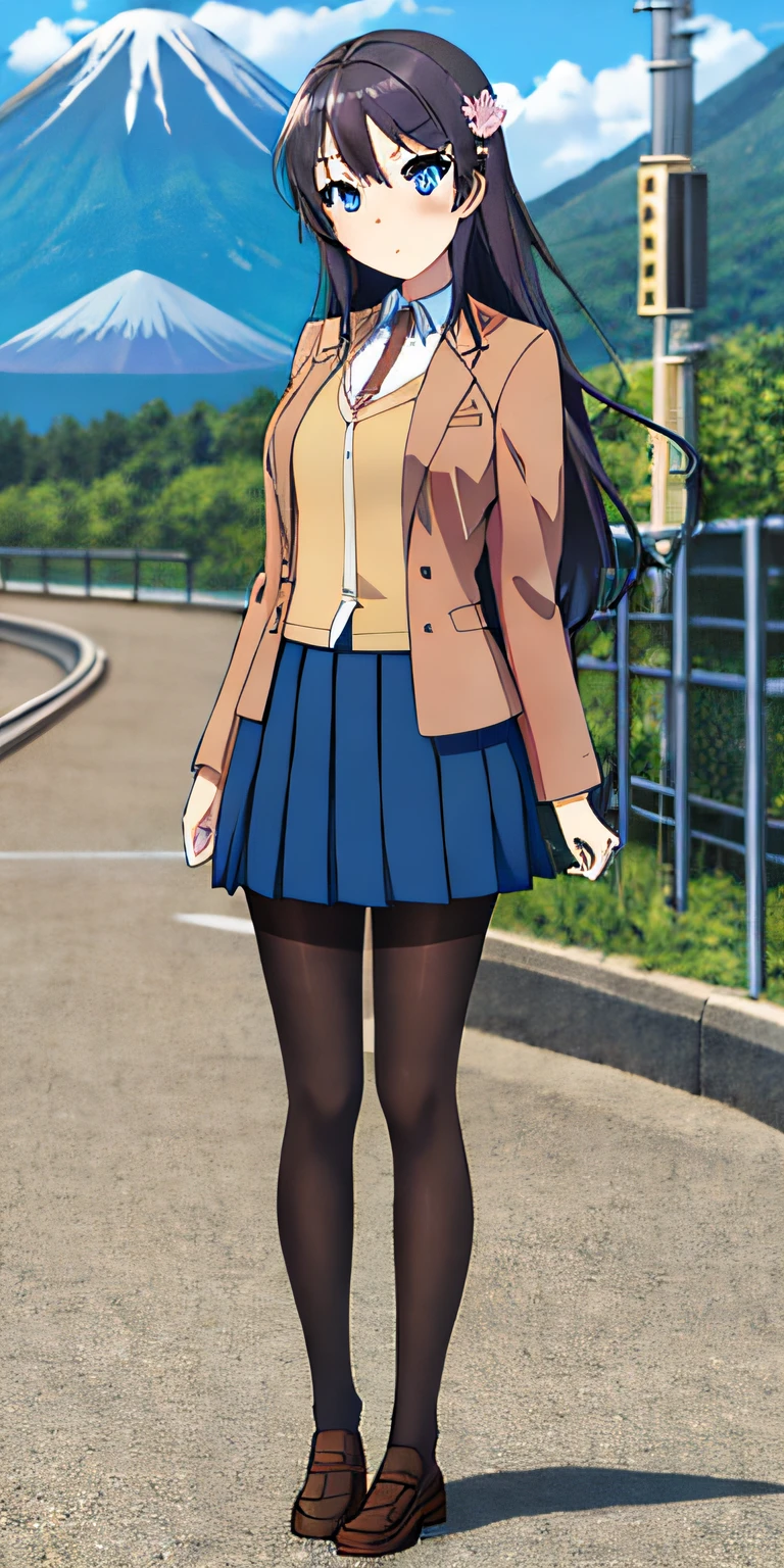 masterpiece, best quality, 8k wallpaper, 1girl, beautiful detailed eyes, lora_sakurajima_mai, sakurajima_mai, full body, blue eyes, detailed hairpin, school uniform, pantyhose, jacket, skirt, rabbit hair ornament, open jacket,