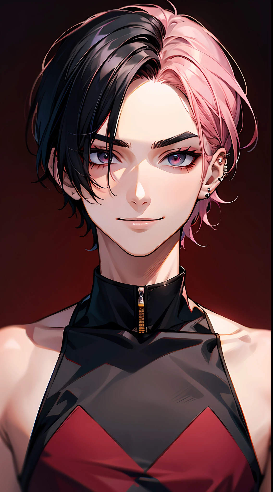 1boy, ((Pink Hair Color| black hair color)) , short hair, pink clothes, black clothes, piercings, a smile, (( 独奏))), Evil eyebrows, (gray eyes color), (close up face, Masterpiece, Best Quality:1.2), 8K, Art officiel, absurdres,(very dark red background:1.4), ultra realistis, high resolucion, Photography, film grain, chromatic aberration, Sharp focus, HDR,