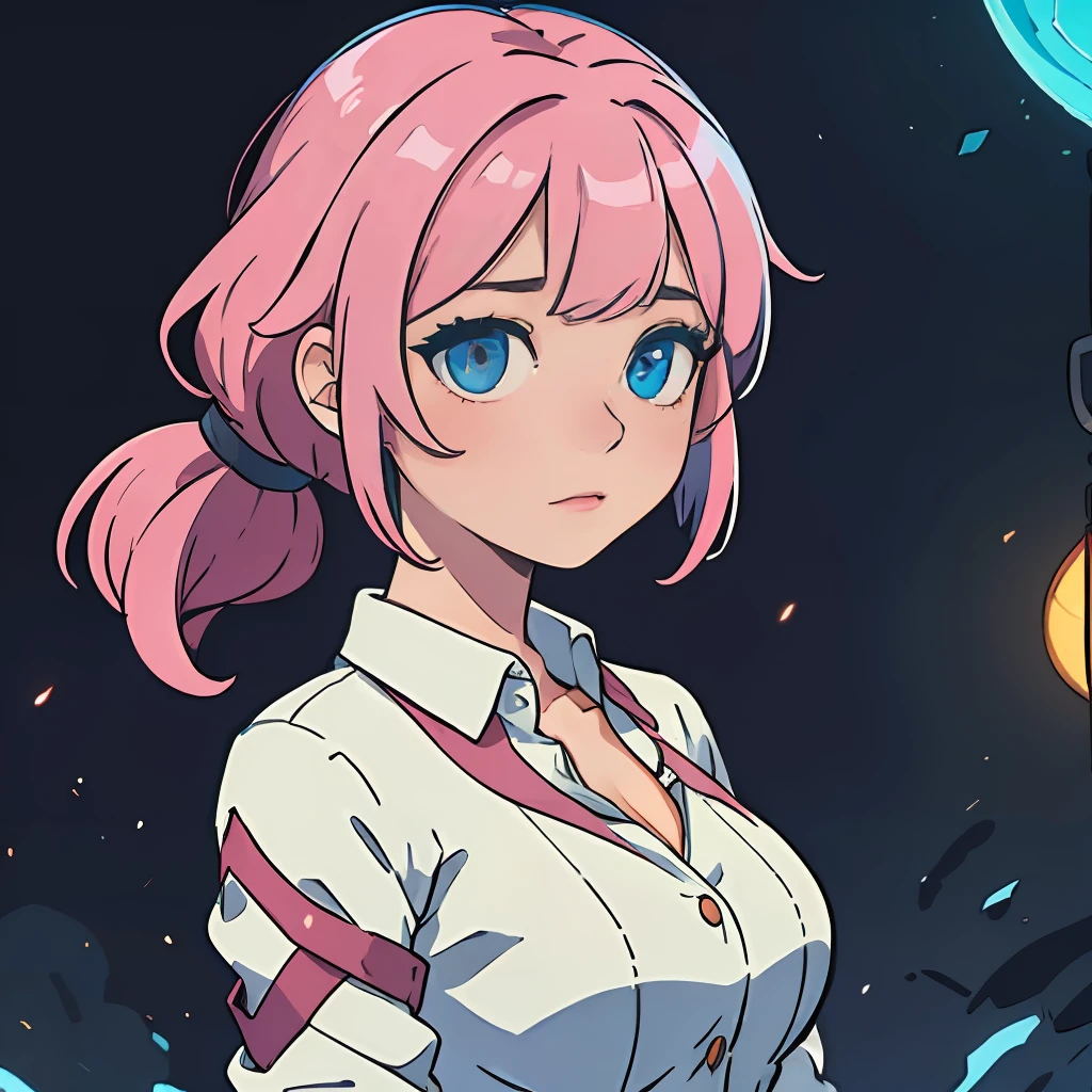 hightquality，Hi-Def，masterpaintings，pink  hair，ponytailhair，1girl huge large breasts，Blue eyes，lovly，Slim and small，Upper body body，Cinematic shots，depth of ﬁeld