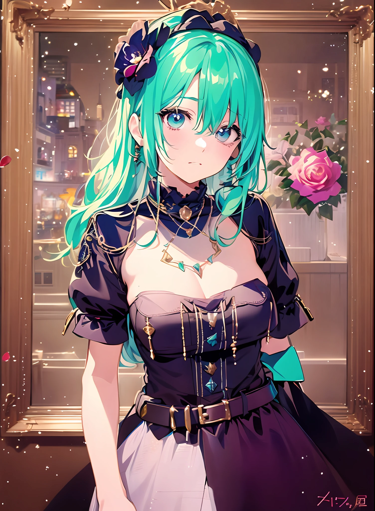 Konmutsuki_gacha_series1, punk_rosette, cute girl, aqua color flowers, full body, elegant flowers background、Highly detailed eye detail、Highly detailed painting style portrait detail