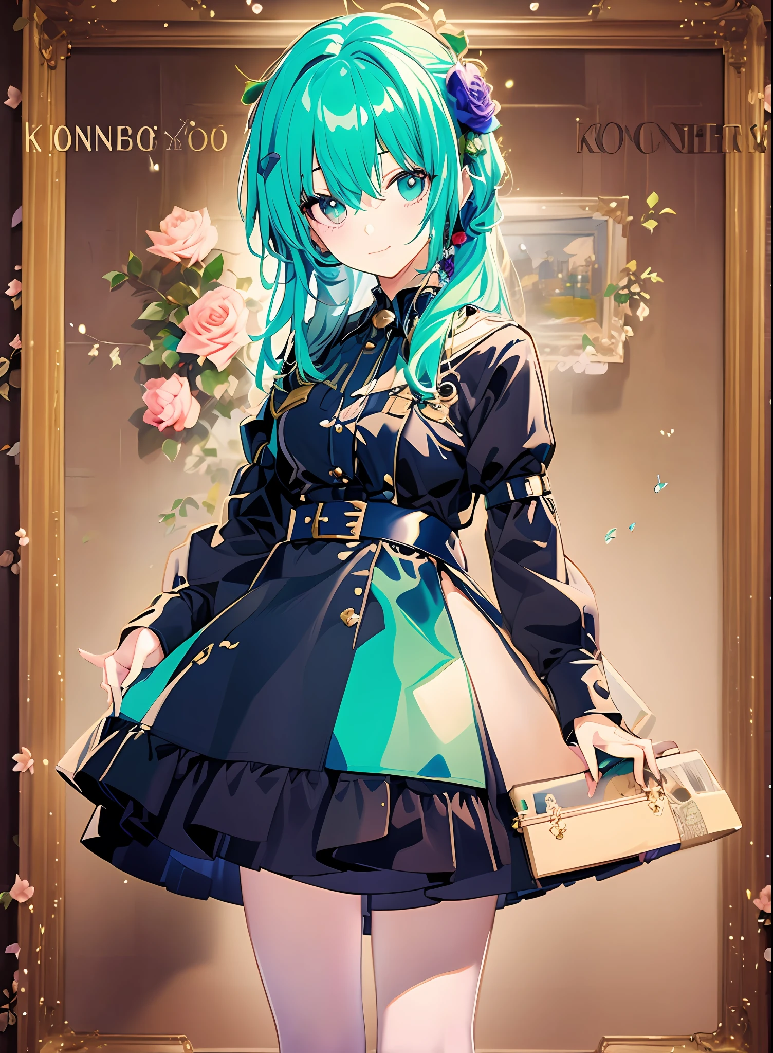 Konmutsuki_gacha_series1, punk_rosette, cute girl, aqua color flowers, full body, elegant flowers background、Highly detailed eye detail、Highly detailed painting style portrait detail