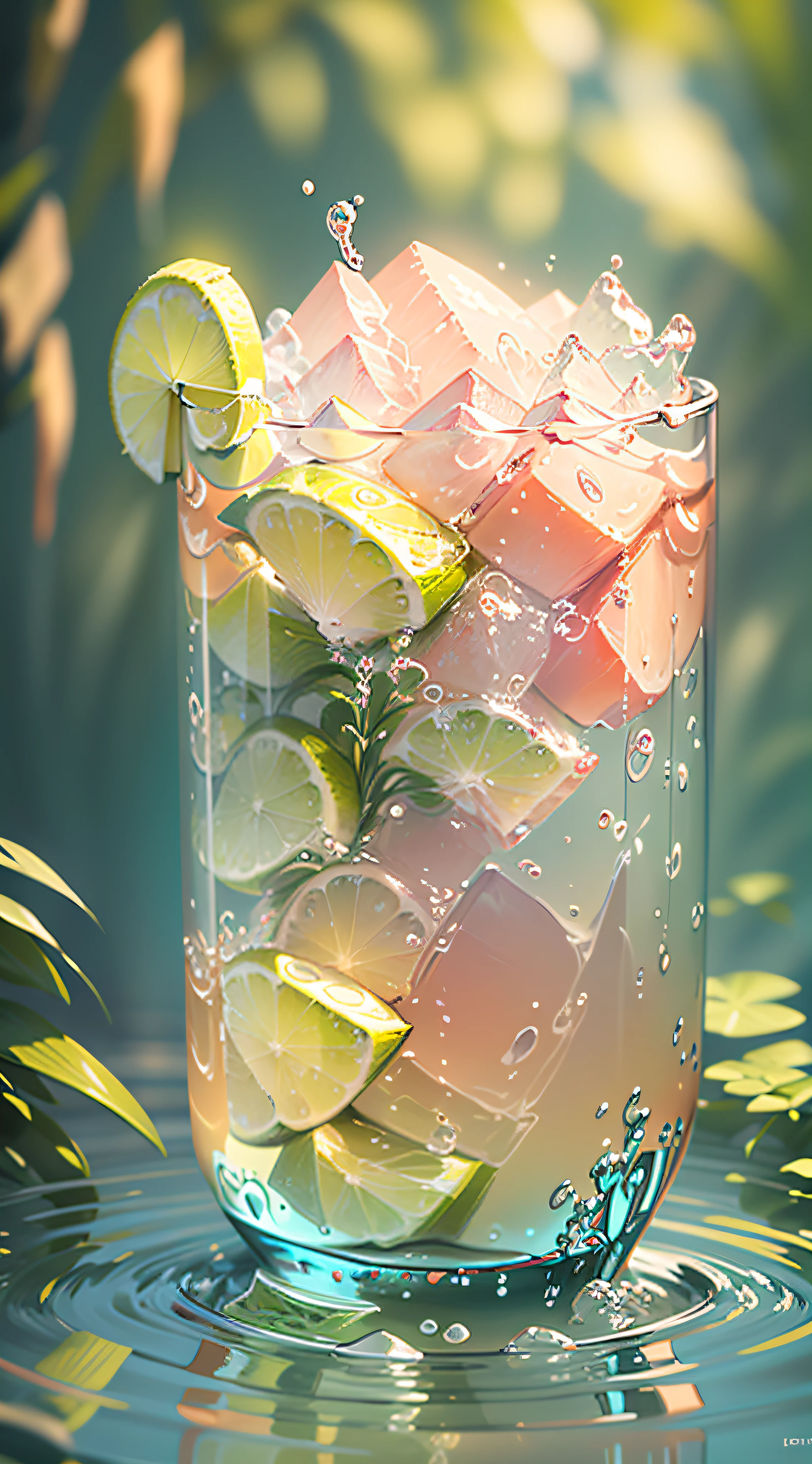 Large glass of pale pink soda with ice, summer feel, delicate, ultra-detailed, soft light, deep field focus bokeh, ray tracing, diffuse, ultra-fine, round cup, cute oval cup, light green background, wallpaper, background green, super delicate water pattern (ultra-fine glass reflection)
