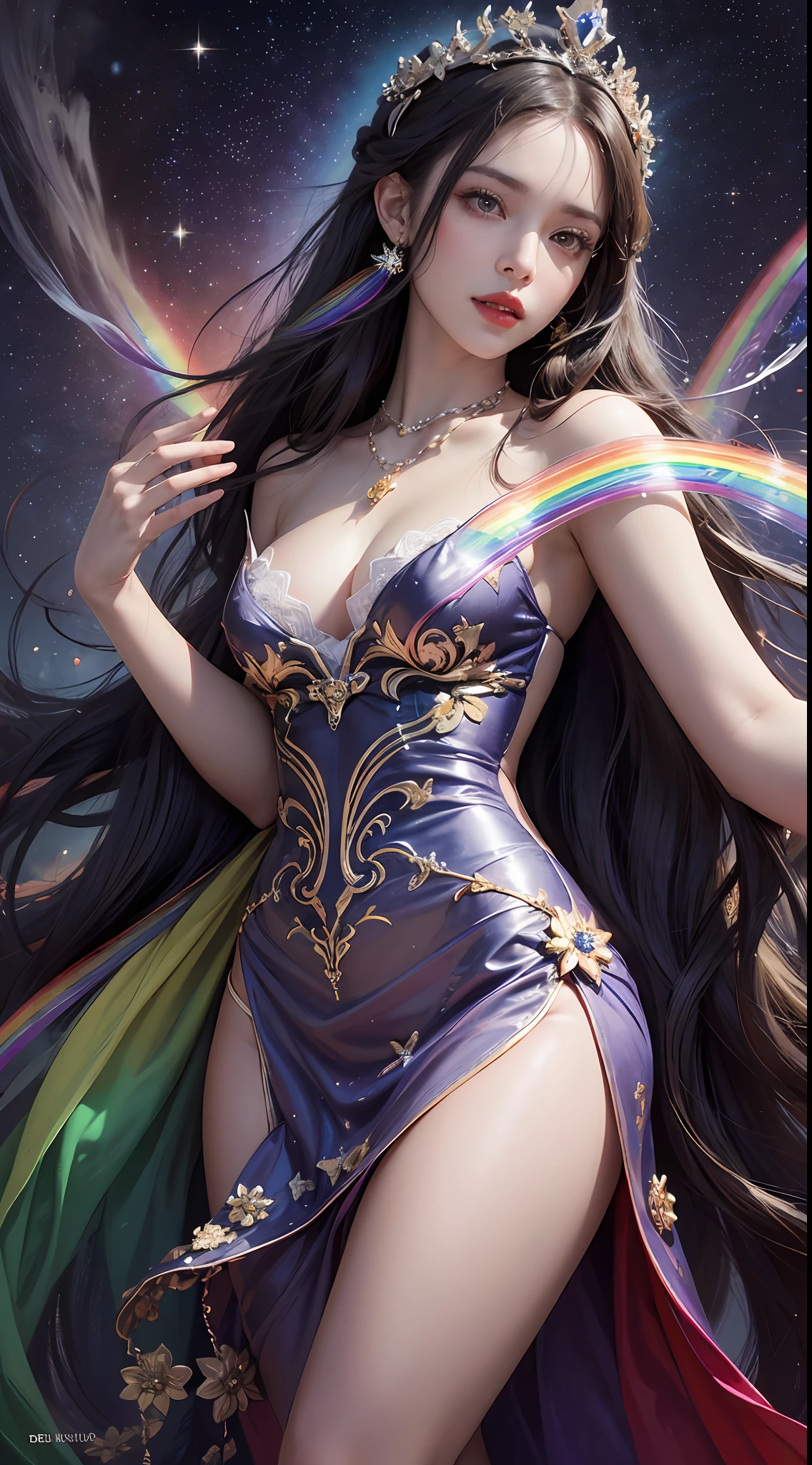 1 27-year-old girl, 1 zodiac goddess from the future, 12 zodiac goddess pink purple, 12 zodiac goddess face sexy thin yellow nightgown, long thin nightgown 12 zodiac many limbs sexy black lace detail, mythical goddess of the 12 zodiacs from the future, zodiac ♏, luxurious glittering zodiac style, dark and mysterious version, zodiac crown, lipstick red lips, thin and pretty lips, don't smile, keep your mouth shut, characters created by karol bak and pino daeni, intricate detail, detailed background, extremely detailed, light magic, a woman, clear face, looking at the upper body of the goddess of the zodiac, round breasts, big and round breasts, phoenix hair brooch, long hair with bangs, (Long hair has 7 colors like rainbow:1.9), beautiful detailed face and well-proportioned eyes, (transparent yellow eyes: 1.8), big round eyes and very beautiful and detailed makeup, visionary, long silk nightgown, mysterious makeup, Bracelets, side bangs and dye pale yellow, upper body, (zodiac goddess upper body: 1.8), drooping arms, Realistic and vivid photo, (stars that make up the zodiac: 1.7), ( sky zodiac and fictitious space and time portal: 1.8), fiction art, RAW photo, hanfu photo, best photo , high_res, best quality, best photo, 8k quality, 8k ultra , surrealism, the most economical real photo, artistic portrait of 12 zodiac signs, 1 symbol of 12 zodiac signs behind, single portrait of 12 zodiac goddess, The most realistic color scheme, best photo color, masterpiece, hair ornament, necklace, jewelry, Beautiful face, upper body, tyndall effect, photo realistic, dark studio, border light, two tone light, (detailed skin) high: 1.2), 8k uhd, dslr, soft light, high quality, volumetric light, candid, Photo, high resolution, 4k quality, 8k, Bokeh, Smooth and sharp, pixel up 10 times, Charming zodiac goddess, sexy zodiac goddess, (background space: 1.8), (galaxy: 1.7), aurora, lightning, (Aurora Background: 1.8) <lora:locon_perfecteyes_v1_from_v1_, beautiful goddess and flowers,