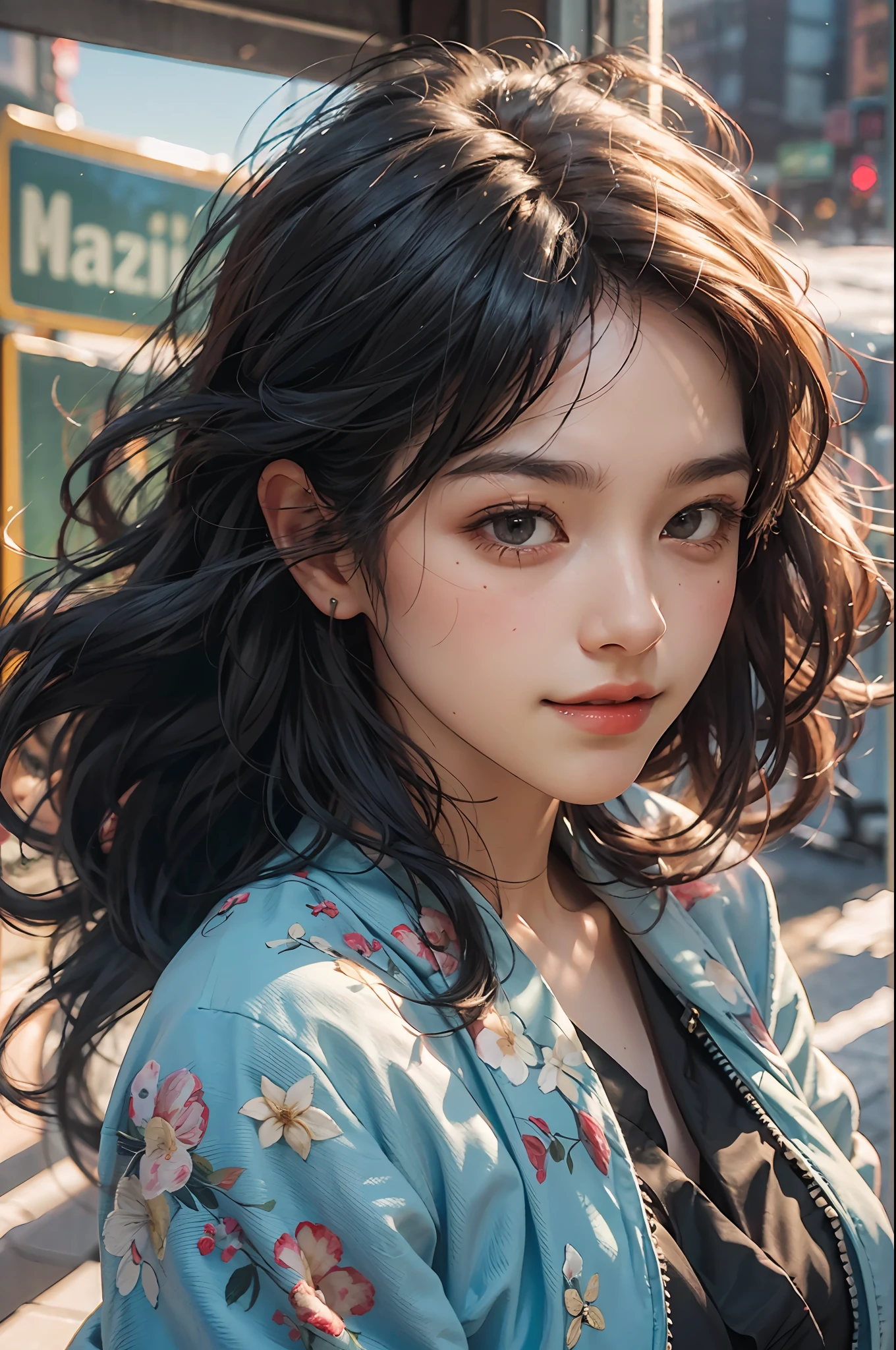 Best Quority, masterpaintings, photo realistic, Complicated details, OriginalPhoto, Photon rendering, octane render of the, Preposterous, superdetailed, Detailed face, Detailed skins, artstation trend, 8K masterpiece, cinematlic lighting, ( (1girl huge large breasts)),((独奏)),((looking_at_viewer)), CG Social Trends,plastics,((cabelos preto e longos)),((Beautiful woman)),(smil),)),wind blown hair, ((wispy hair)),cheerfulness,fashion magazine,Look at it from above