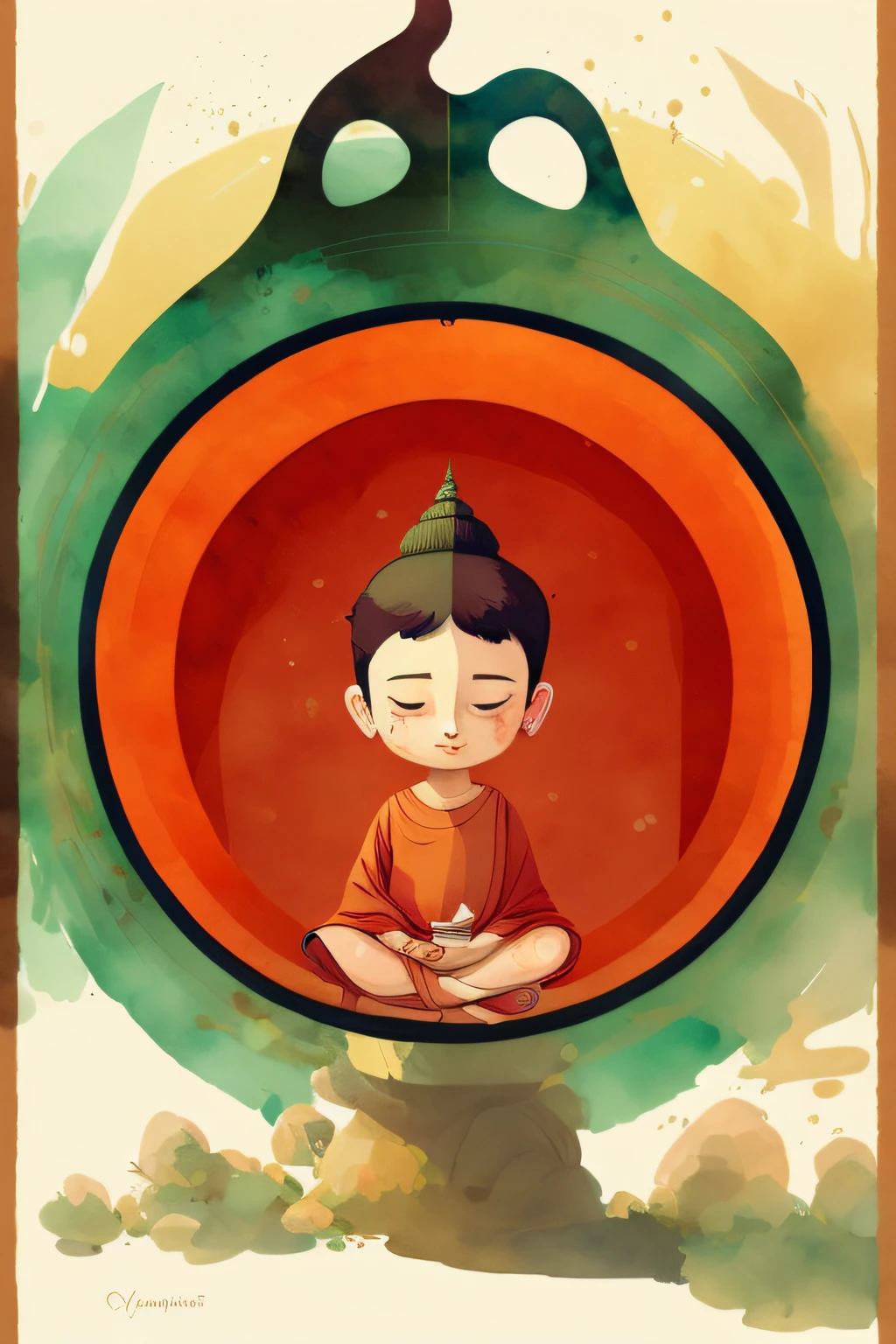 buddha sitting in a meditation position in a circular frame, monge meditar, budismo, serene illustration, inspirado em Goro Fujita, Cyril Rolando e Goro Fujita, Meditando, zen meditation, meditation, capa de arte, Monge budista meditando, O Buda, orar meditando, budista, Loish e Goro Fujita, Arte Lofi