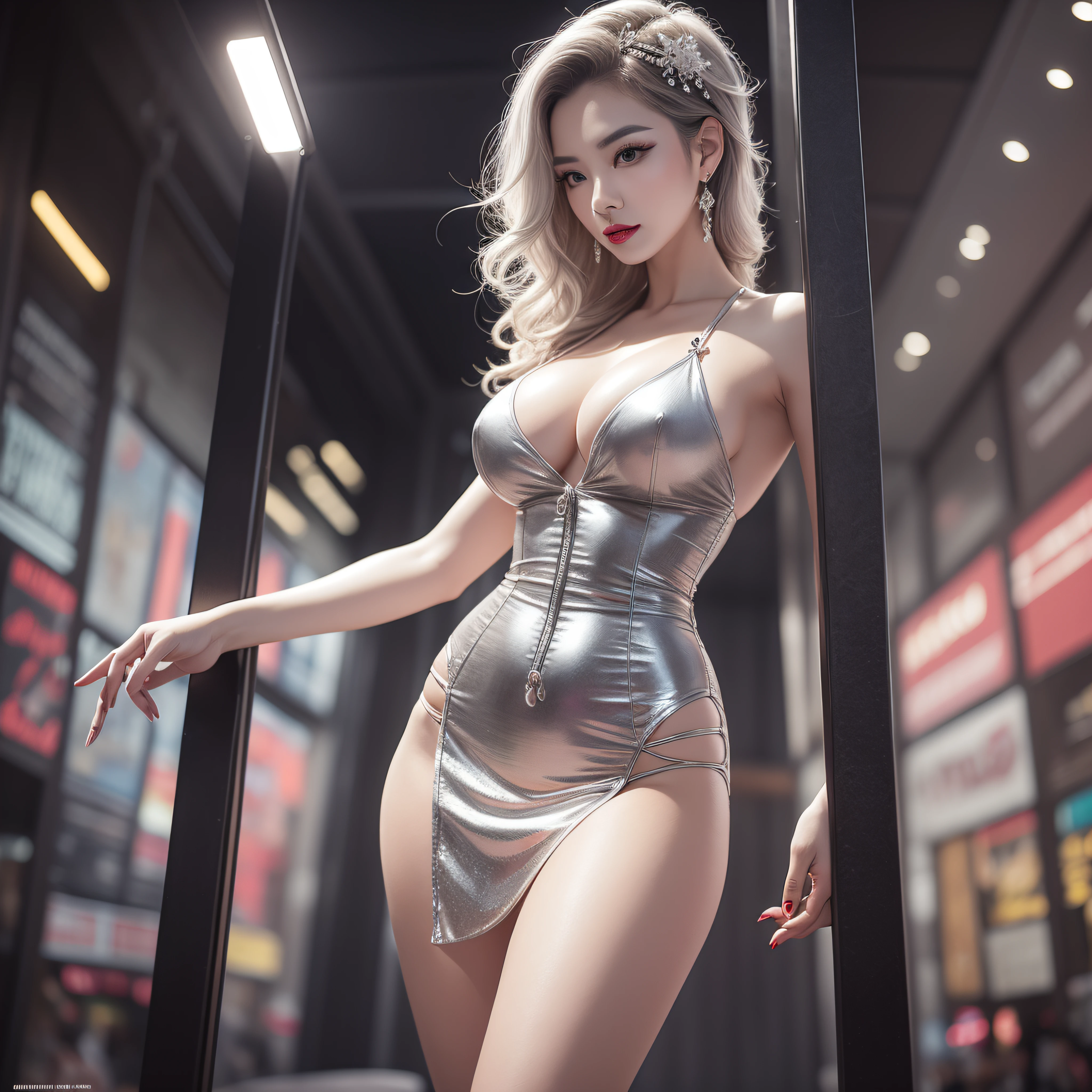 portrait of a full body, photo realistic, Beautiful Chinese woman, Adult video actress, Stand in a large theater full of spectators, Slim figure, Height 1.6 meters, Perfect body proportion, 34D breasts, nacked breast, Slim waistline, Elongated legs, 30-inch hips, Fine fine skin, Full forehead, Slender eyebrows, Wearing a cotton tight dress, Suspender stockings, Stiletto heels, seductively posed, silver hair, bangs, curly hair, hair slicked back, medium hair, jewelry, longeyelashes, earrings, makeup, serious, red lips, forehead, hair ornament, cinematic lighting, three sided view, masterpiece, super detail, best quality, 8k, textured skin