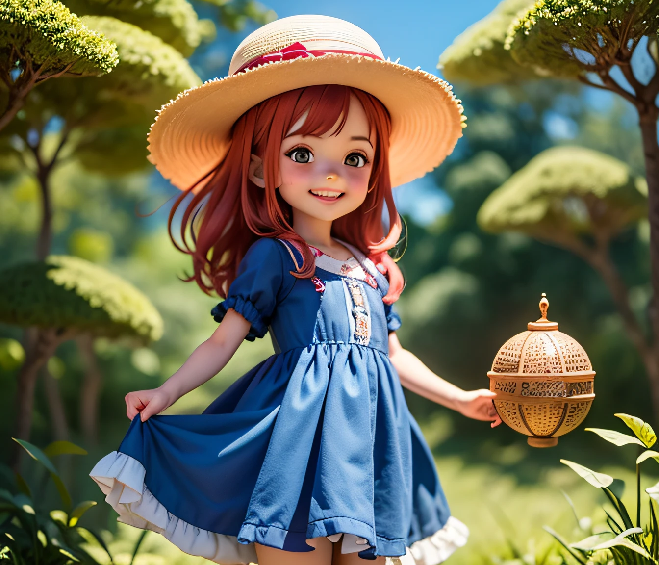 A red-haired 8-year-old girl with her is in a forest full of dragons she is wearing a blue dress and a straw hat. She is smiling and has an adventurous expression on her face, behind it is an erupting volcano