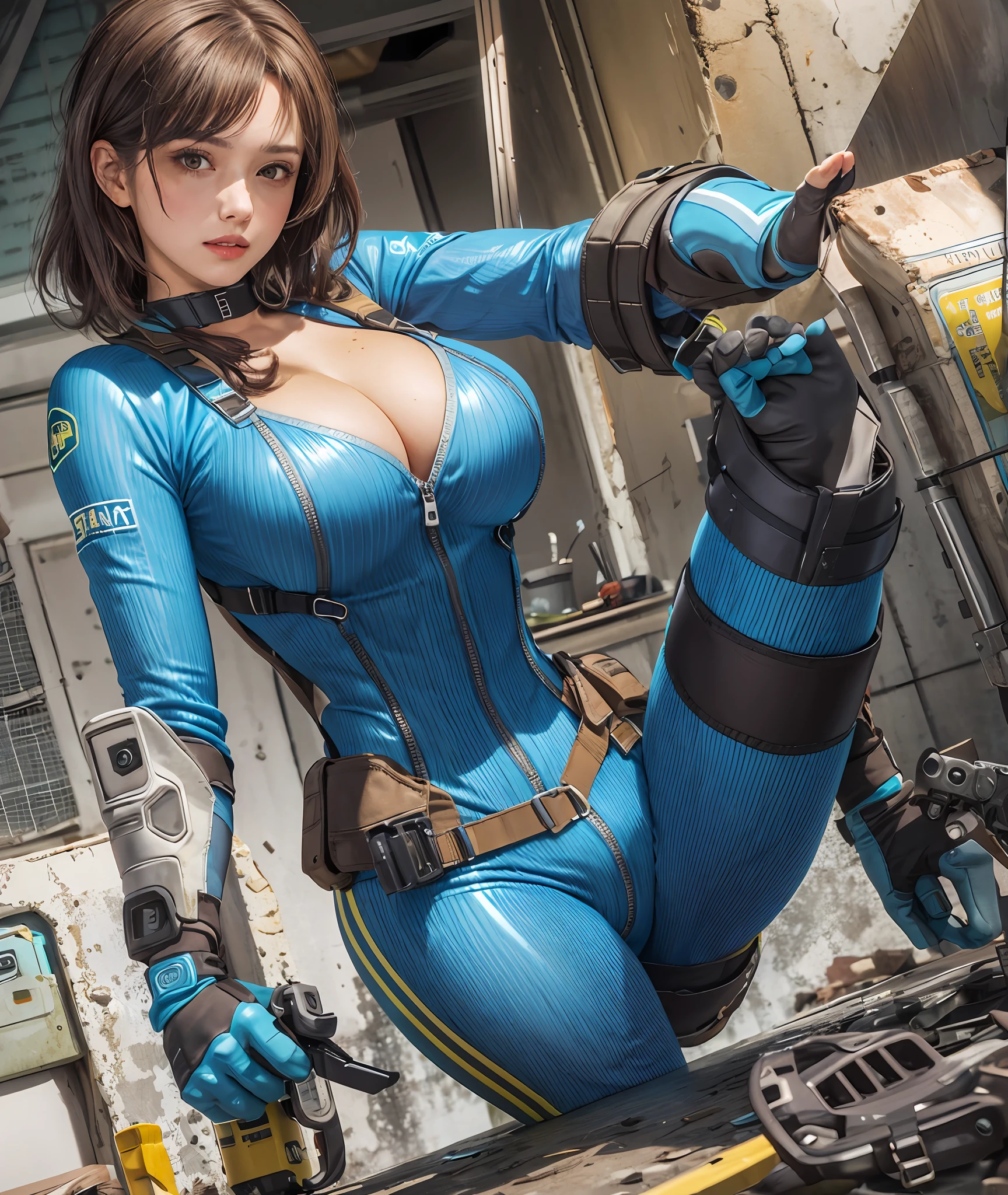 Fallout, a woman with messy brown hair, wearing a skintight vault jumpsuit, and a ragged blue metal gear bandana, brown eyes, blue jumpsuit with yellow stripes, backpack straps, fallout 3, cleavage, one leg up