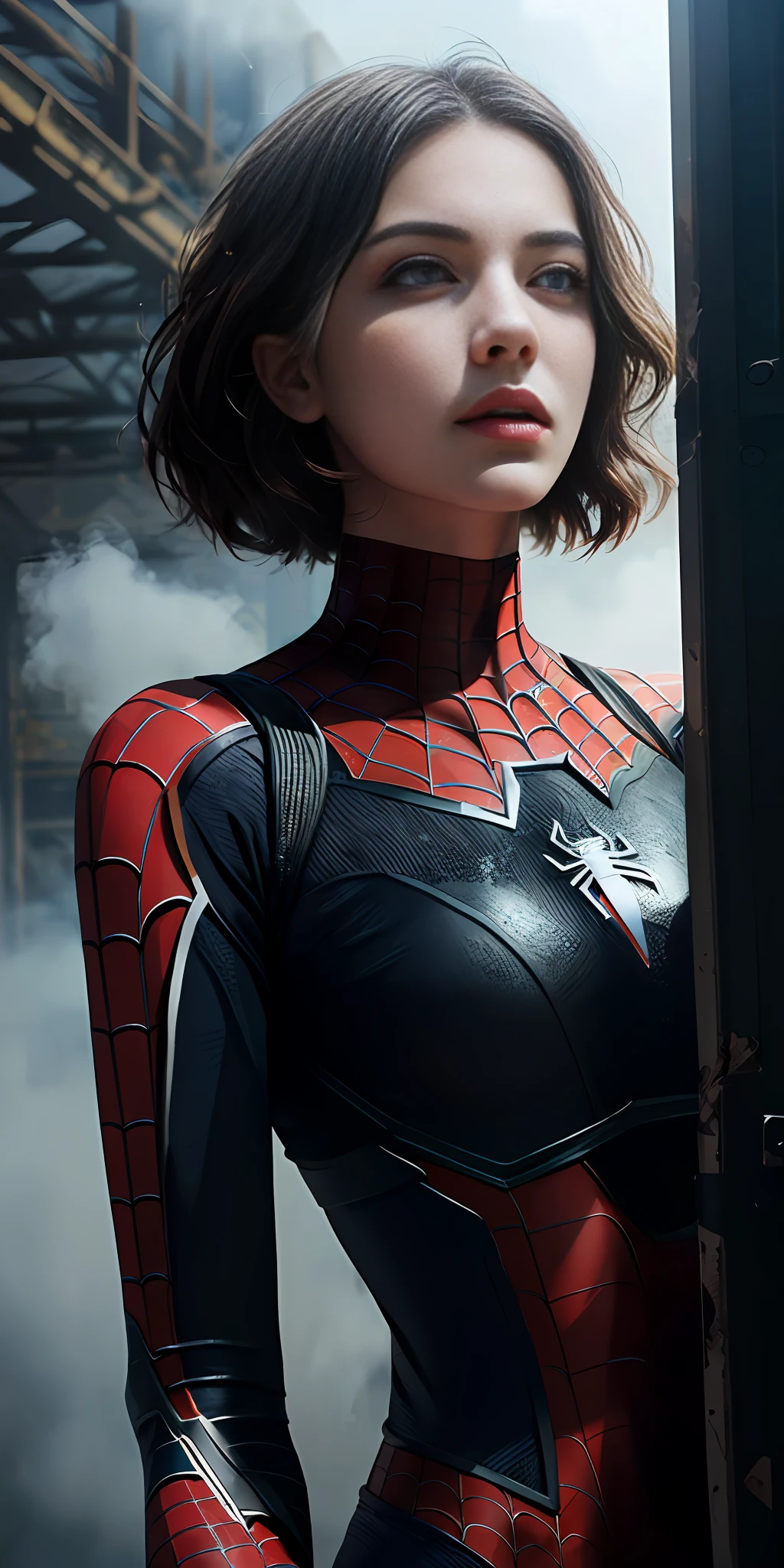 (1girl:1.3), solo, (((extremely detailed face))),(((extremely detailed eyes and face))),beautiful detailed eyes,body-parts__, official art, unified 8k wallpaper, super detailed, beautiful and aesthetic, beautiful, masterpiece, best quality, raw, masterpiece, super fine photo, best quality, super high resolution, photorealistic realism, sunlight, full body portrait, amazing beauty,, dynamic pose, delicate face, vibrant eyes, (from the front), she is wearing a Spider-man suit, red and black color scheme, spider, very detailed abandoned warehouse background, Detailed face, detailed complex busy background, messy, gorgeous, milky white, highly detailed skin, realistic skin details, visible pores, sharp focus, volumetric fog, 8k uhd, DSLR, high quality, film grain, fair skin, photo realism, lomography, huge metropolis in future dystopia, seen from below, translucent