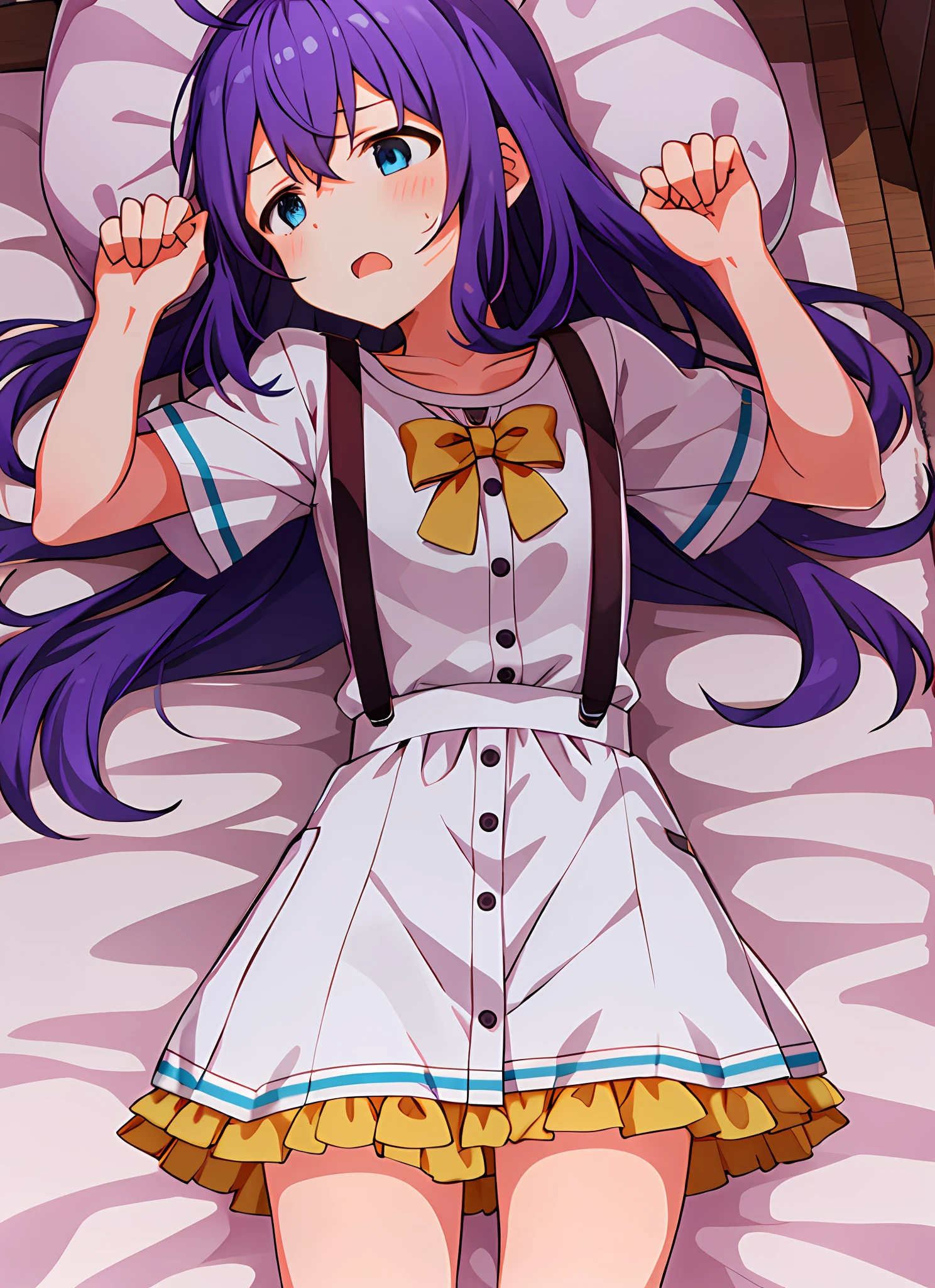 mochizuki anna,1girl in,Solo,Long hair,Purple hair,Small_Ahoge,Blue Eyes.Short stature.white t-shirts.suspenders.Skirt.Night view.lie on one’s side.Despair face.Clench your fists.Sweat.Opening Mouth.a bed.PILLOWS.