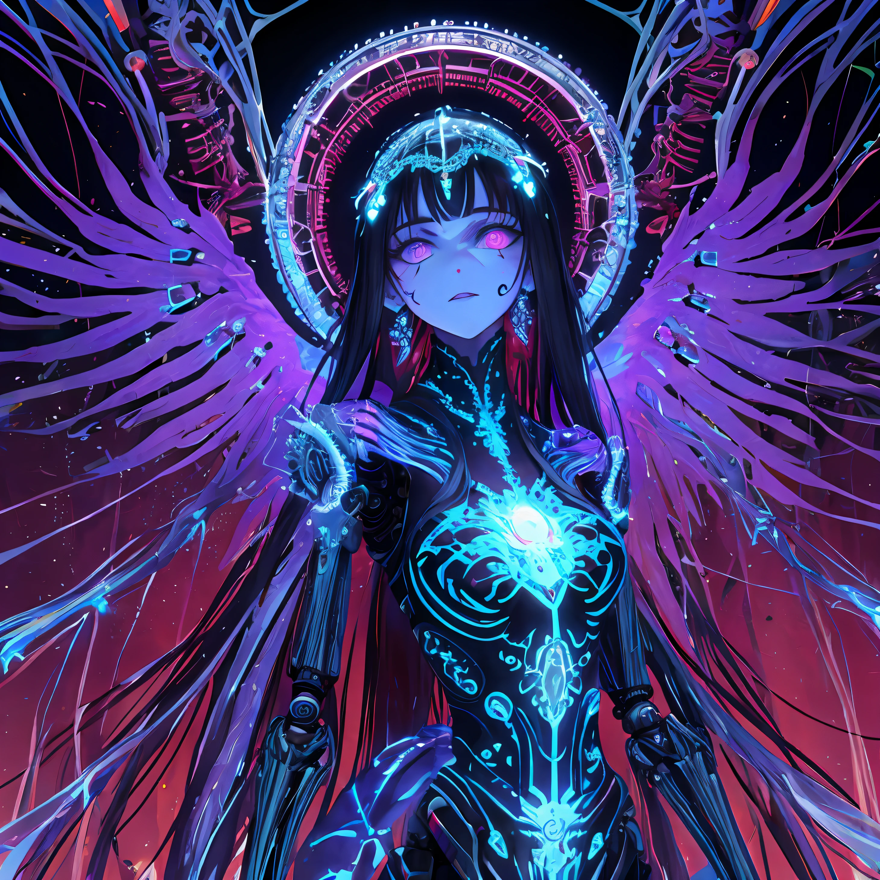 Intricate 3d rendering ultra-detailed beautiful angel of death, biomechanical robot, simulated 150mm lens, beautiful natural soft edge light, neon veins, roots, delicate leaf lace, colorful details, Boris Bidjan Saberi costume, pearl earrings, piercings, art nouveau fashion embroidery, intricate details, mesh lines, Mandelbrot fractals, facial muscles, cables, microchips, villains, surreal, ultra-detailed, octane, volumetric lighting, 8k and post-production, red The white has a little bit of black, Metal Skeleton Details, Half-Human, Iridescent, Glenn Brown Style, Futuristic Room, Power of God, High Angle Shot, Complex Body Poses