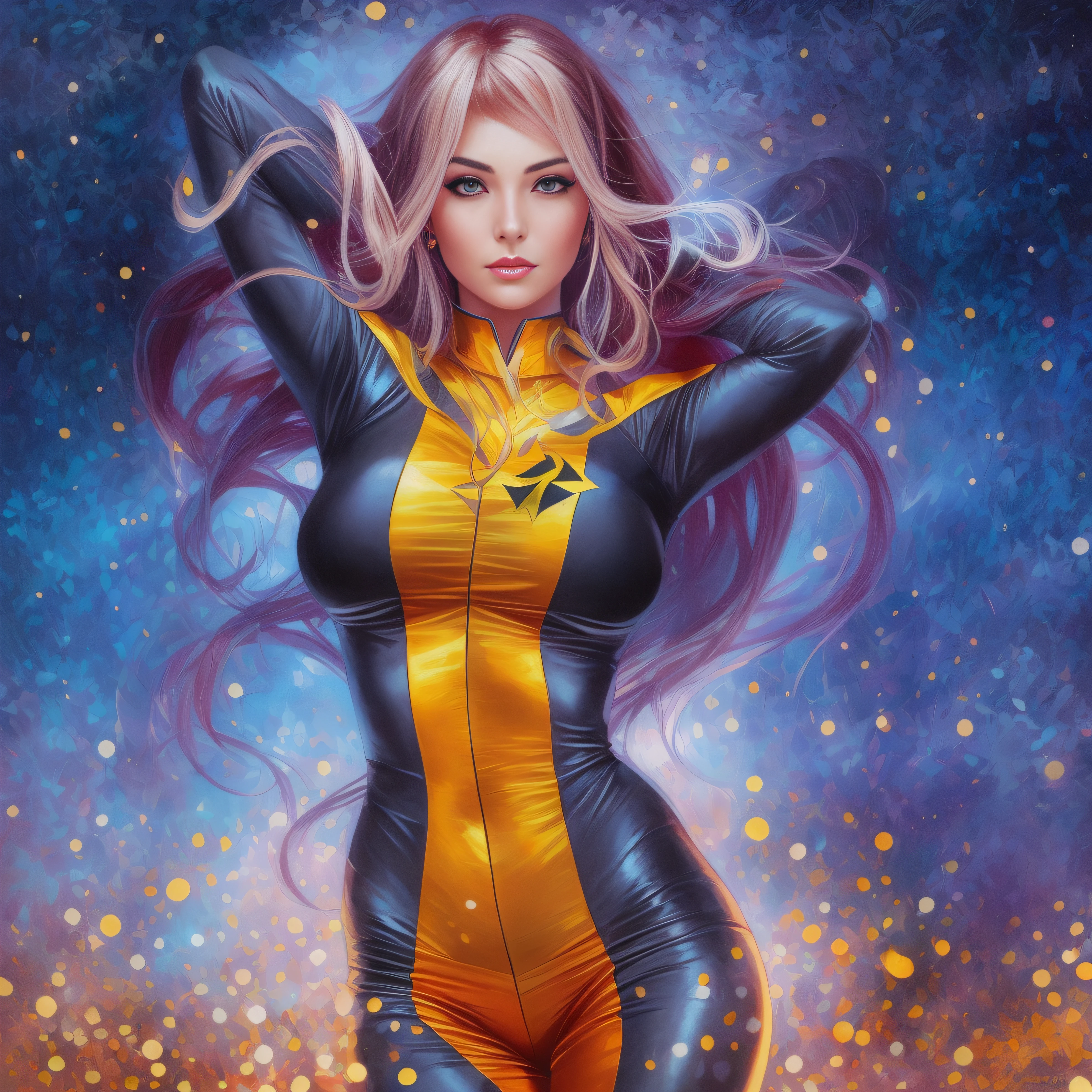 Un primer plano de una mujer con un traje verde y amarillo, En el estilo Artgerm, steven Artgerm cuatro, Artgerm extremadamente detallado, Retrato de cuerpo entero de Jean Grey, Artgerm Julie Bell Beeple, Estilo Artgerm, Stanley Artgerm Lau, Chris Moore. Artgerm, al estilo de Artgerm