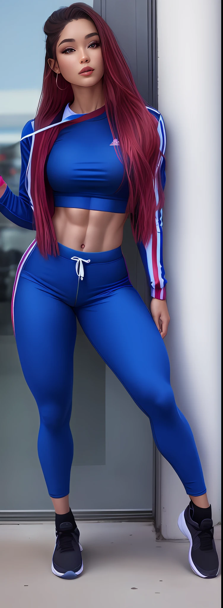 uma mulher com roupa azul e laranja posando para uma foto, two piece workout clothes, thicc, roupas esportivas fofas, sporty physique, roupa azul, roupas esportivas, agasalho esportivo, roupa apertada, foto fit, wearing a tracksuit, traje apertado, fit curvy physique, roupas esportivas, corpo em forma, wearing a track suit, linhas azuis grossas, 2 Modelo feminina de 4 anos