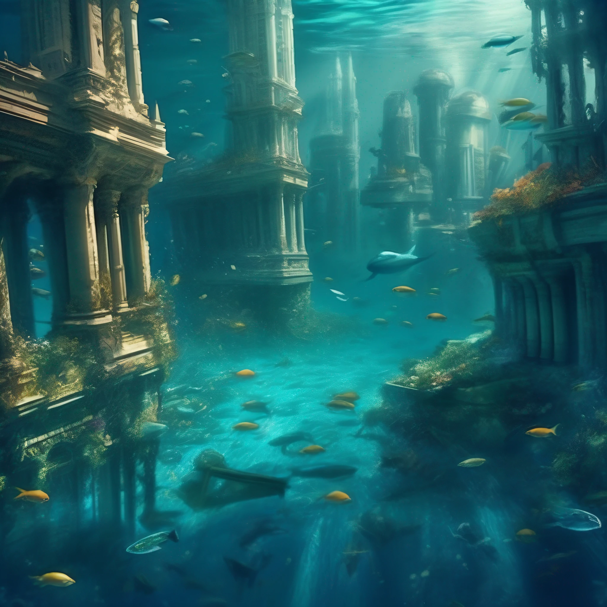 uma cidade perdida submersa dentro do oceano, cidade de atlantis, obra prima, arte conceitual