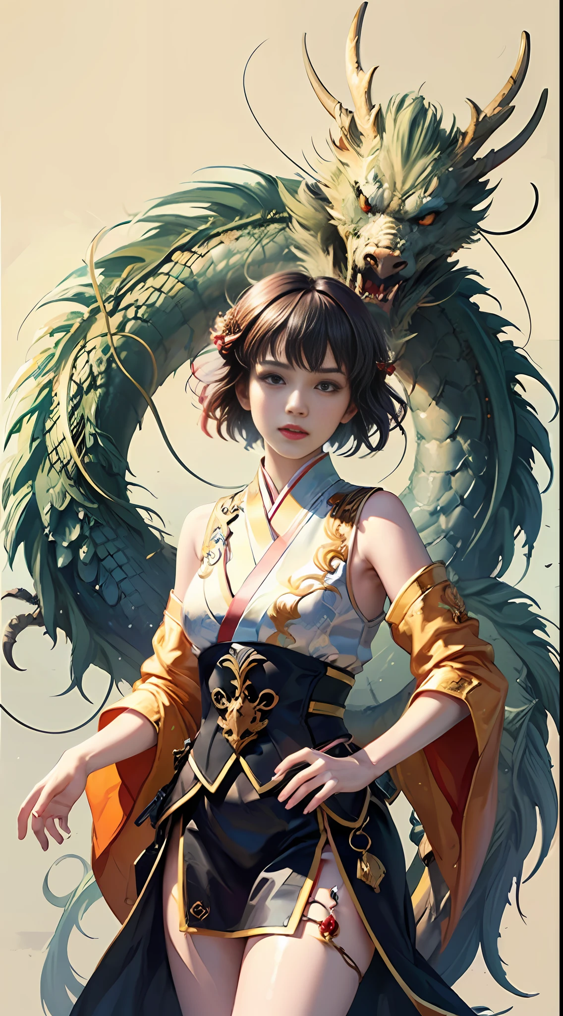offcial art,统一 8k 壁纸,hyper detailled,Beauty and aesthetics,masterpaintings,Best Quority,(zentangle,tangle,entangle),(s fractal art:1.4),1girl,black color hair,chineseidol,Exposed shoulder,short skirt,Delicately drawn face,big-eyed eyes,Small cherry bites,small thighs,navels,(perfect hand),ighly detailed,dynamic angle,cowboyshot,(Chaos in its most beautiful form),flowy,(bright colour),OC,(demi-corps:1.2),Chine,(Thangka Flying:1.5),(ribbons:1.3),(dreamlike:1.5),(Hanfu:1.5),chinesedragon,(smil:0.5 ),(chinese deity)
