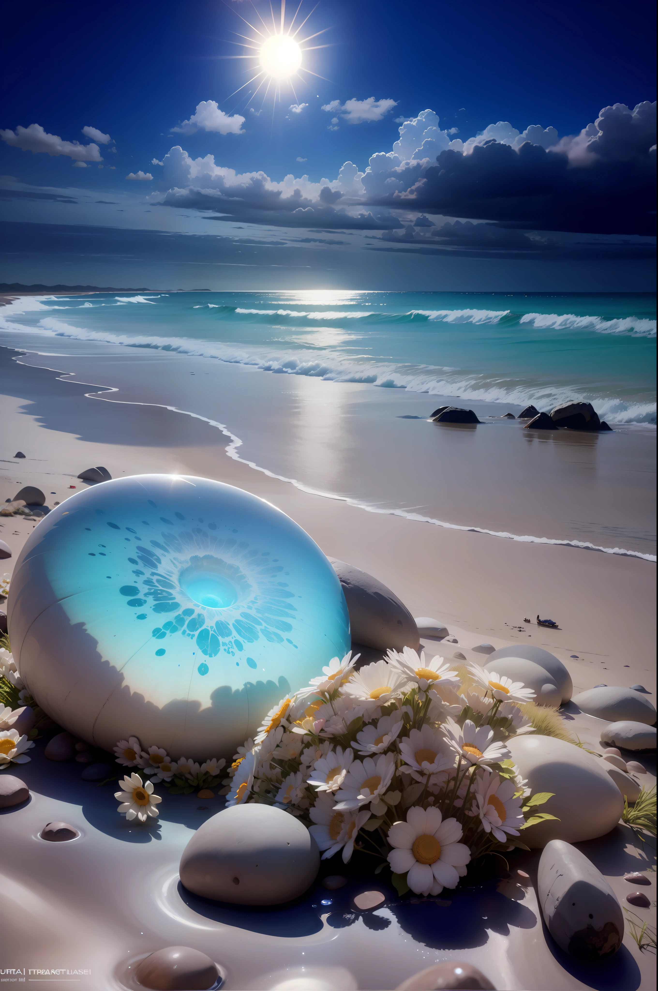 pink skies,The edge of the beach is covered with colorful glass glowing pebbles,The sun shines on heart-shaped white daisies on the beach,Various colors,Art: Optical art,Smooth and transparent luminous creatures,cobblestones,S,steins,sun beam,Ultra-wide viewing angle,Sunlight Ocean Volume Light,hyperrealistc,ultra - wide view,Ultra-wide field of view,Ultra HD image quality,8K,HD Details – AR 2:3–upbeta–v 4