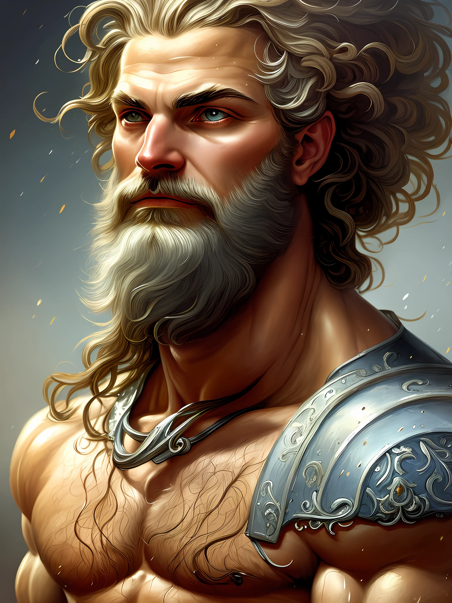 painted portrait of stout zeus, god of thunder, greek god, blond hair, male, mature, handsome, upper body, muscular, hairy torso, fantasy, intricate, elegant, highly detailed, digital painting, art station, concept art, soft, sharp focus, illustration, art by Gaston Bussiere and Alphonse Mucha