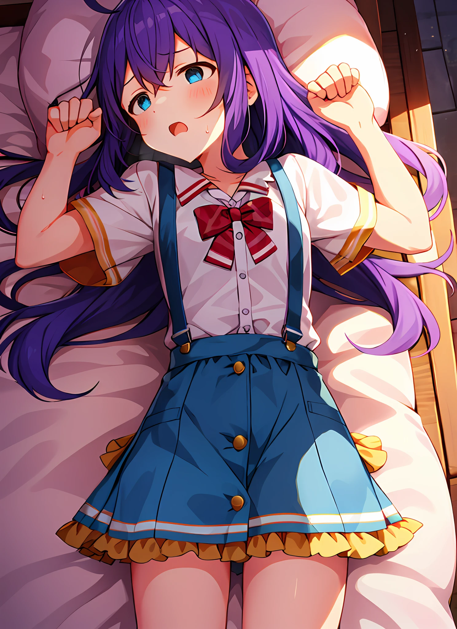 mochizuki anna,1girl in,Solo,Long hair,Purple hair,Small_Ahoge,Blue Eyes.Short stature.white t-shirts.suspenders.Skirt.Night view.lie on one’s side.Despair face.Clench your fists.Sweat.Opening Mouth.a bed.PILLOWS.