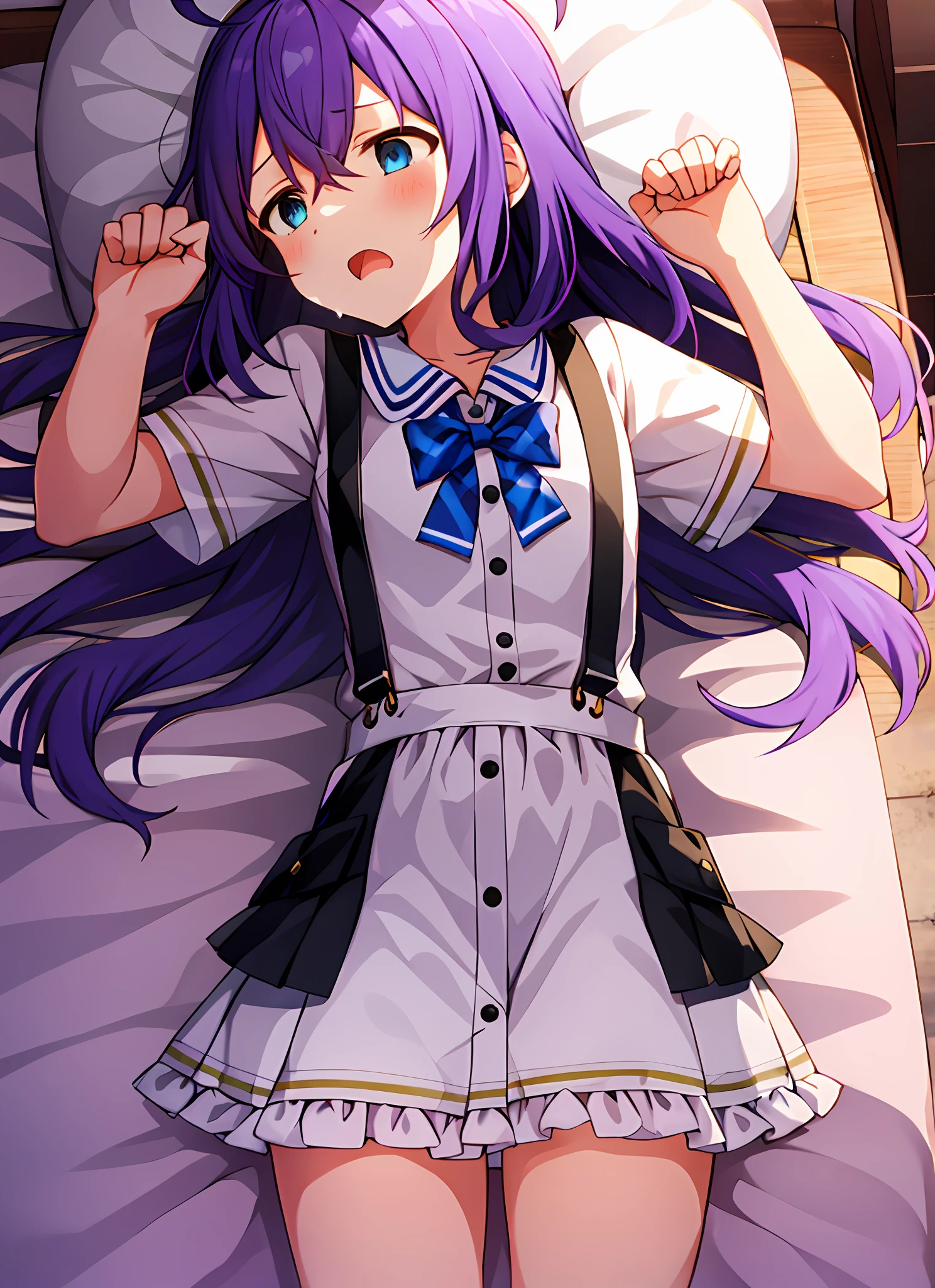 mochizuki anna,1girl in,Solo,Long hair,Purple hair,Small_Ahoge,Blue Eyes.Short stature.white t-shirts.suspenders.Skirt.Night view.lie on one’s side.Despair face.Clench your fists.Sweat.Opening Mouth.a bed.PILLOWS.