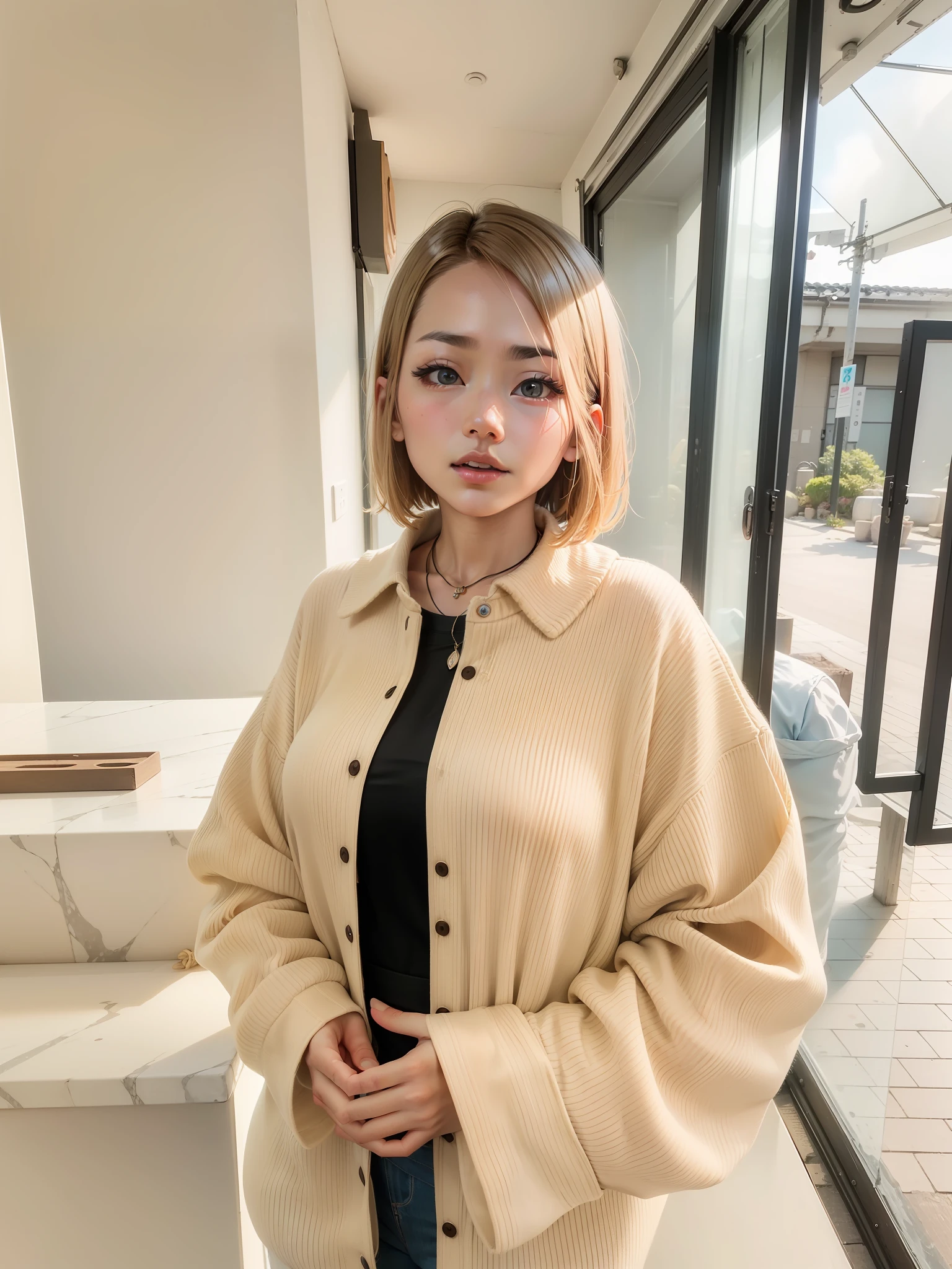 (Best Quality, 8k, 32k, Masterpiece, UHD: 1.2), Cute Japan Woman Pictures, Very Short Bob Hair, Upper Body, Face Focus, oversized_sweater, Necklace, Simple Background, From Above, Watch the Viewer,