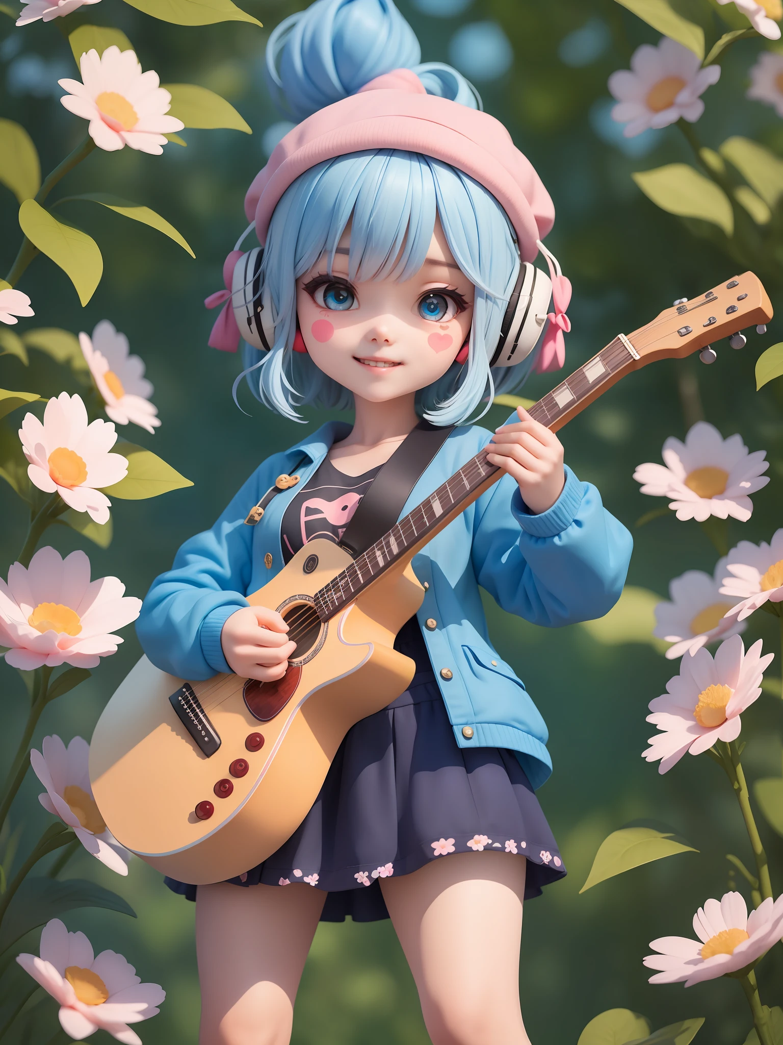 (Daisaku),(Need),(Super meticulous),(body complet:1.2),1girl,Chibi T-Shi,lovly,smil,Open-mouthed,florals,exteriors,playing guitars,Music,beret,Hold the guitar,Manteau,Blushlush,The tree,:3,lifiting shirt,Short Hair Hair,cherry blossums,A blue headdress,Blurred,棕发,Blush stickers,long sleeves,By bangs,High ponytail,head phone,black har,Pink flowers,(beautiful detailed face),(beautiful and meticulous eyes),