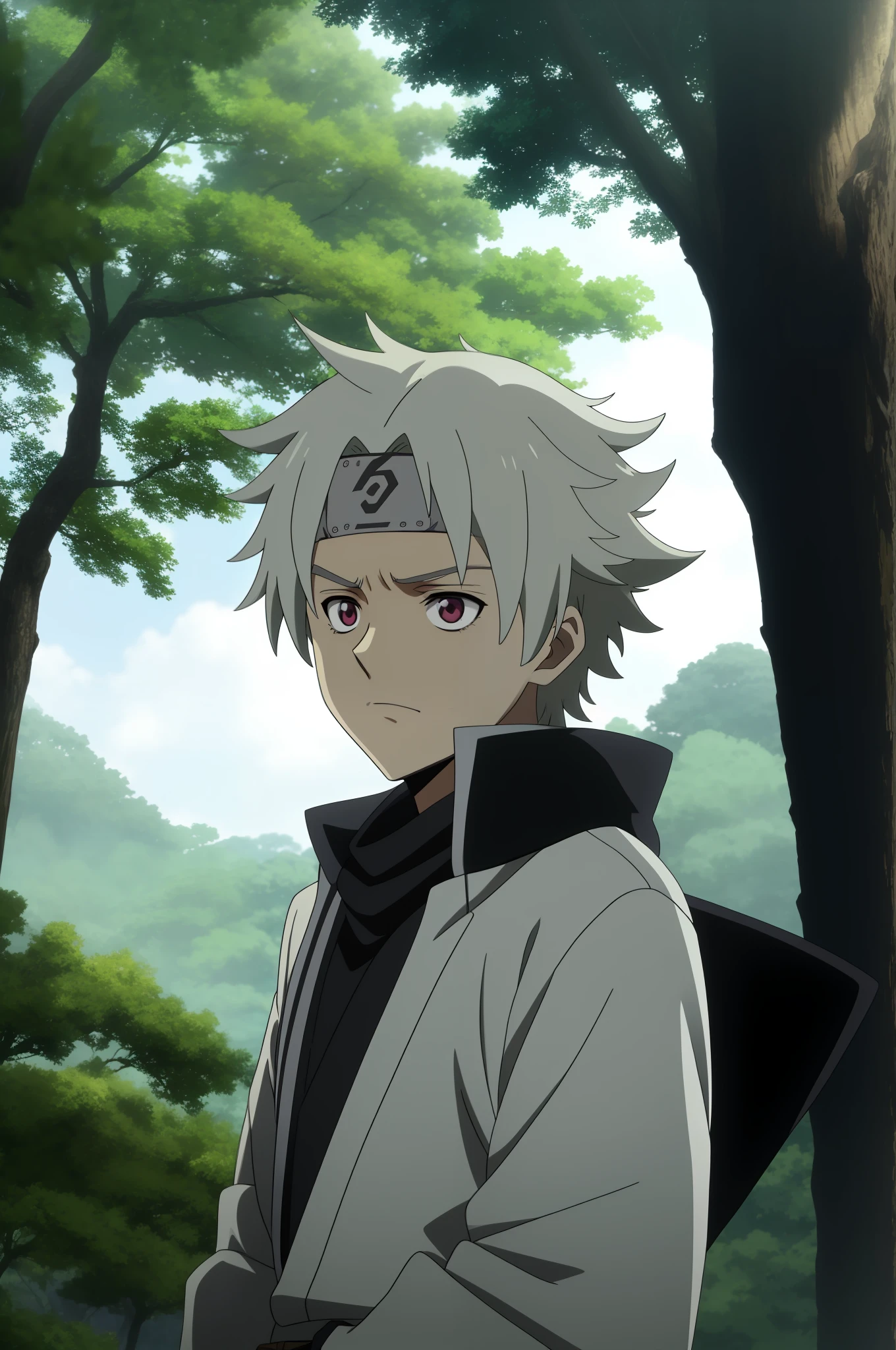 personagem de anime com cabelos loiros e olhos vermelhos, Sharingan ,standing in a forest, anime oficial, kakashi hatake, de naruto, Arte Oficial, Nagito Komaeda, filme anime de alta qualidade ainda, Wataru Kajika, anime raposa branca, Okata Kazuto., 8k!!, no filme de anime