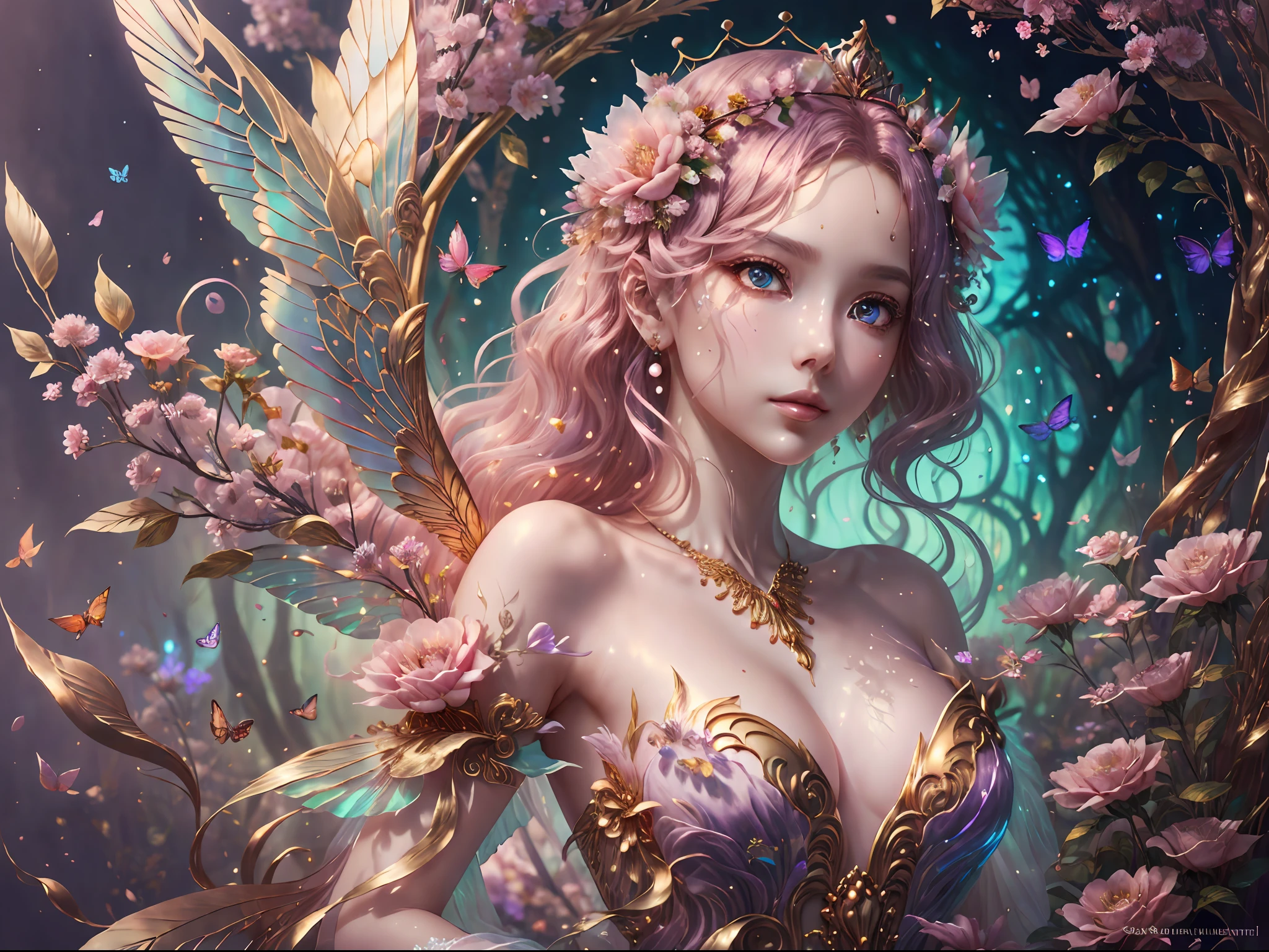 Generate a delicate flower princess in an ethereal grove of flowers. Include floating feathers and ribbons and highly detailed and delicate gilded butterflies. She has a highly detailed face with big, intricate eyes, puffy lips, and gossamer wings. Her wings are iridescent and translucent. She has a crown of multicolored and differently sized flowers. HC_gowns of silk, satin, and pearls. Her eyes are large, 8k eyes, hires eyes, beautiful detailed eyes, beautiful detail eyes, realistic eyes, distinct eyes, and colorful eyes. Include shimmering liquid gold. Ethereal ambience, dreamy color school, dreamy style, lots of pink and pale lilac colors. Background should be pretty with shades of pink and purple and soft blue. Lighting: Hazy and dreamy. Camera: utilize dynamic composition to create a soft, ethereal image. Realistic hair texture, realistic skin texture. Pay close attention to the face and eyes and make sure they are clearly defined. ((masterpiece)), 8k, intricate, elegant, highly detailed, majestic, digital photography, art by artgerm and ruan jia and greg rutkowski surreal painting gilded butterfly filigree, broken glass, (masterpiece, sidelighting, finely detailed beautiful eyes: 1.2), hdr